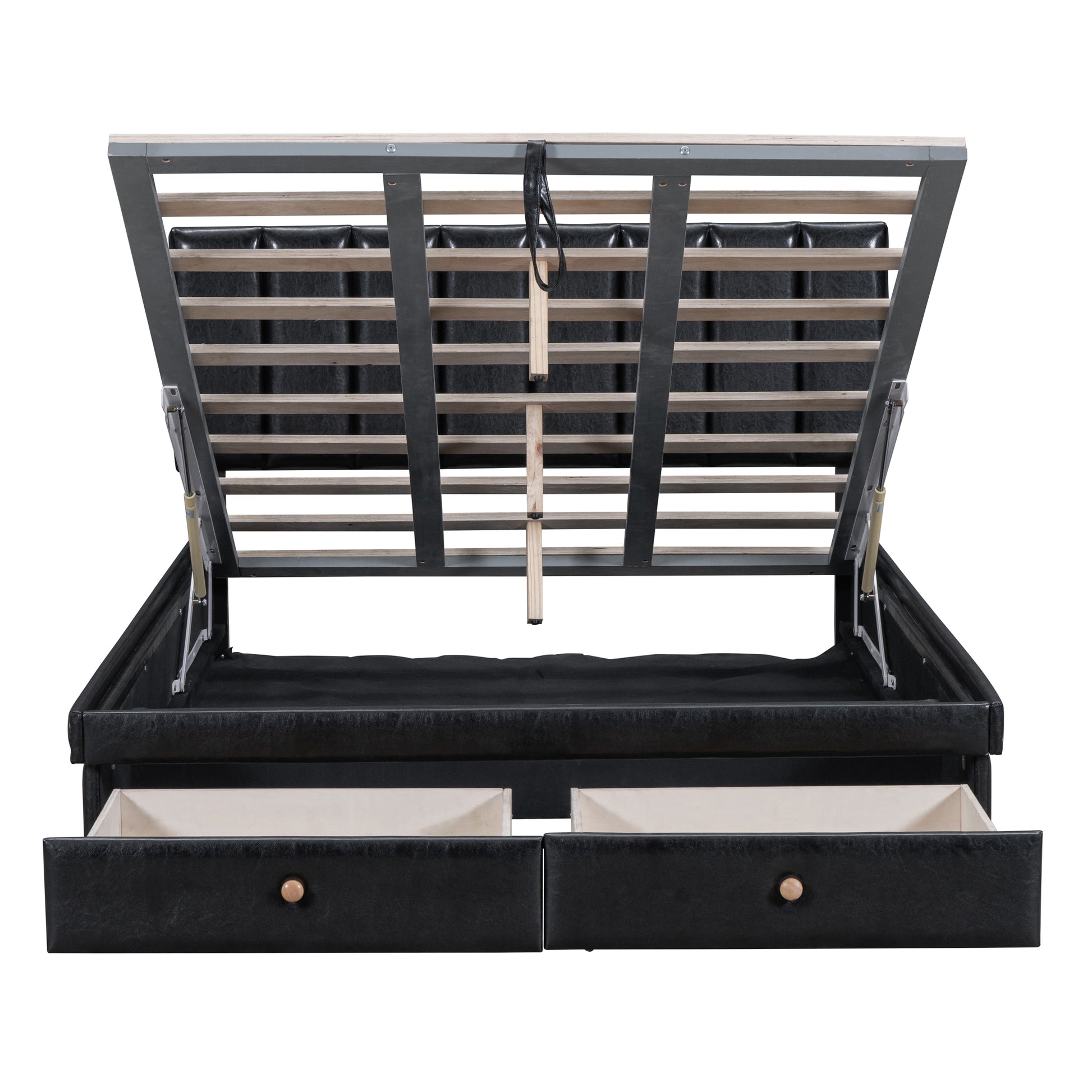 Full Size Upholstered Bed With Hydraulic Storage System And Drawer, Black Black Pu Leather