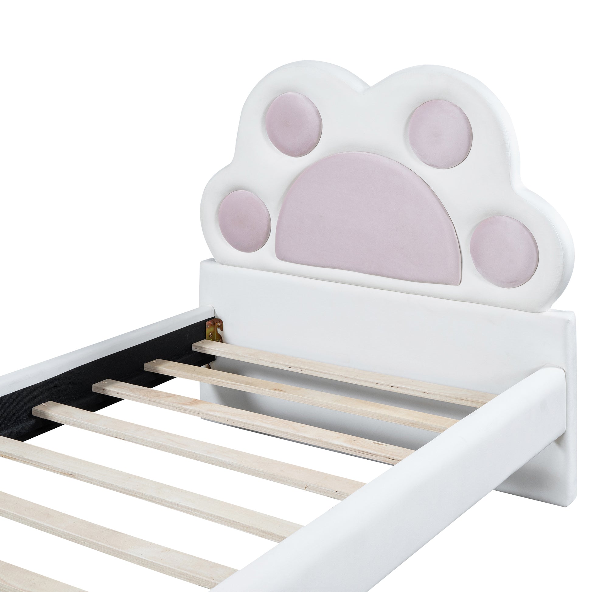 Twin Size Upholstered Platform Bed With Animal Paw Shaped Headboard And Led, Pink Box Spring Not Required Twin White Pink Wood Bedroom Solid Wood Mdf