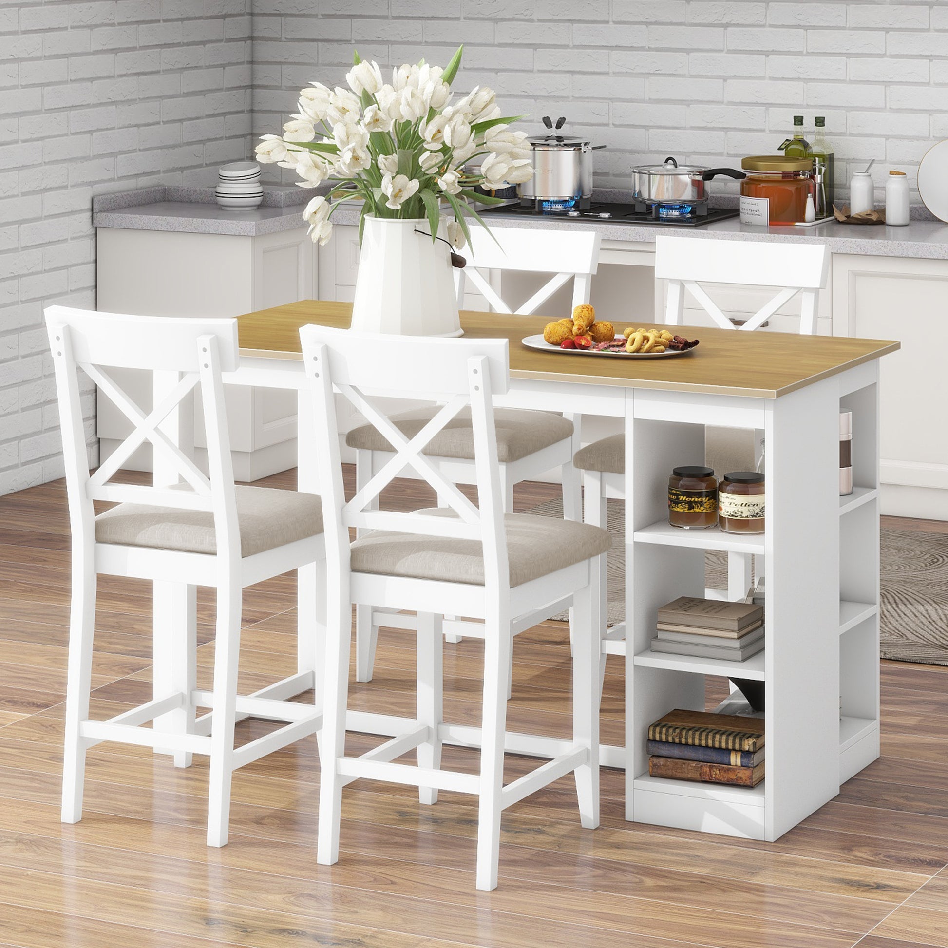 60"Lx30"W Solid Wood Farmhouse Counter Height Dining Table Set With 3 Tier Storage Shelves, Upholstered Dining Chairs For 4, 5 Piece, White Wood Dining Room Solid Wood Rubberwood Rectangular Dining Table With Chair Wood Wood Natural White Seats 4