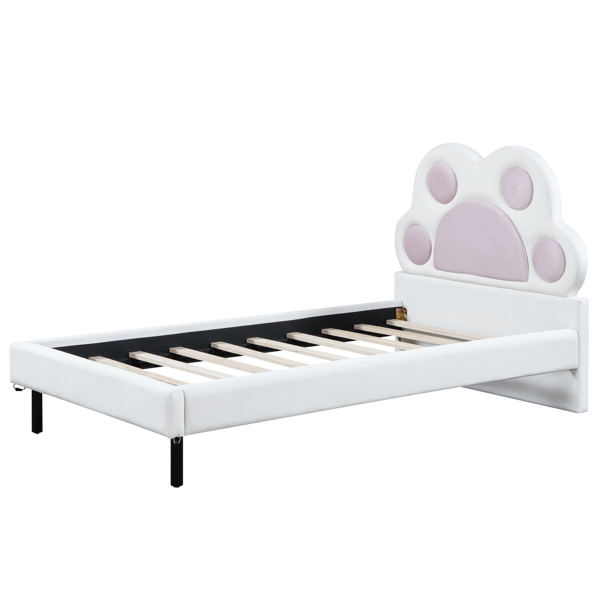 Twin Size Upholstered Platform Bed With Animal Paw Shaped Headboard And Led, Pink Box Spring Not Required Twin White Pink Wood Bedroom Solid Wood Mdf