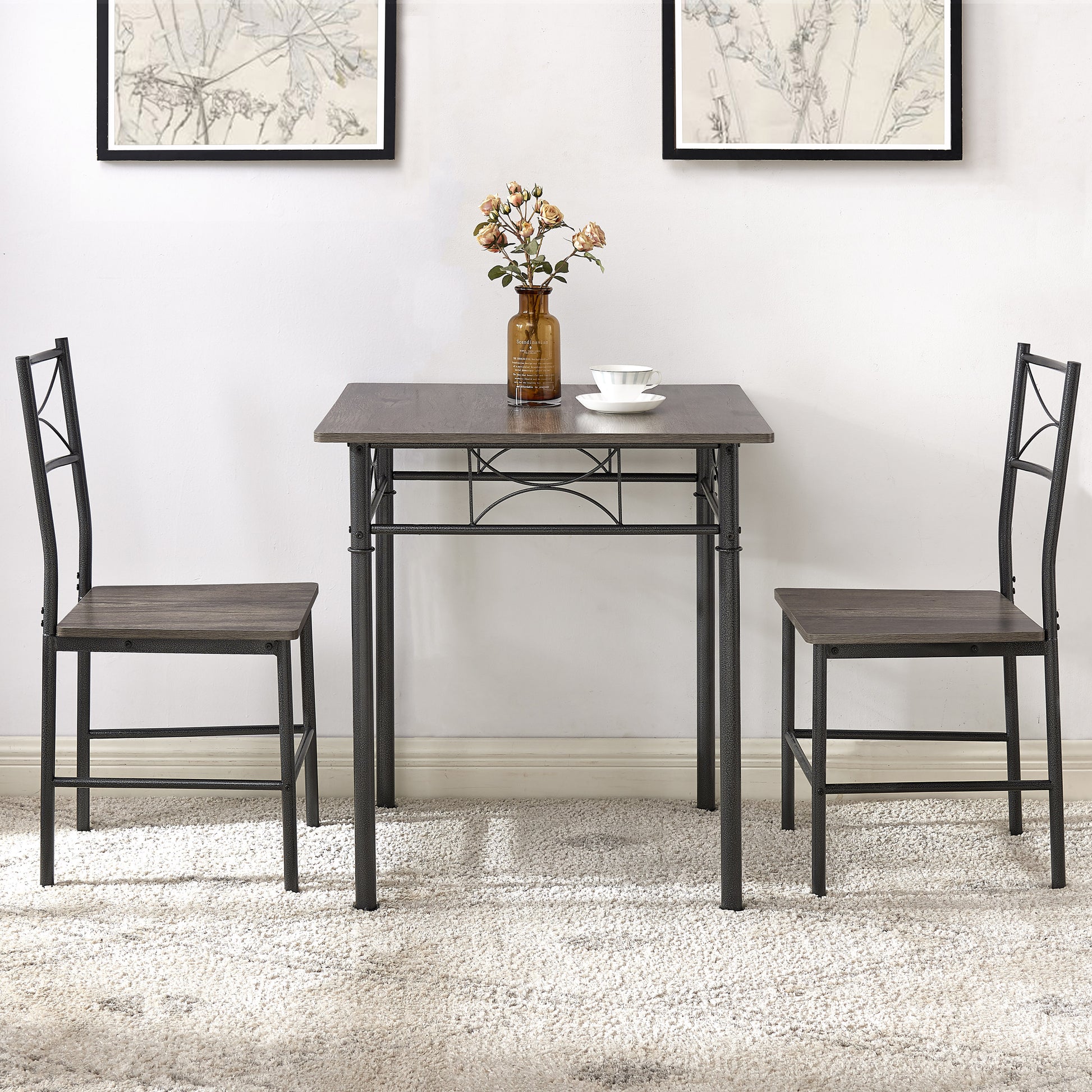 3 Piece Kitchen Dining Room Table Set Grey Chair Grey Gray Dining Room American Design,American Traditional,Antique Metal & Wood Metal & Wood