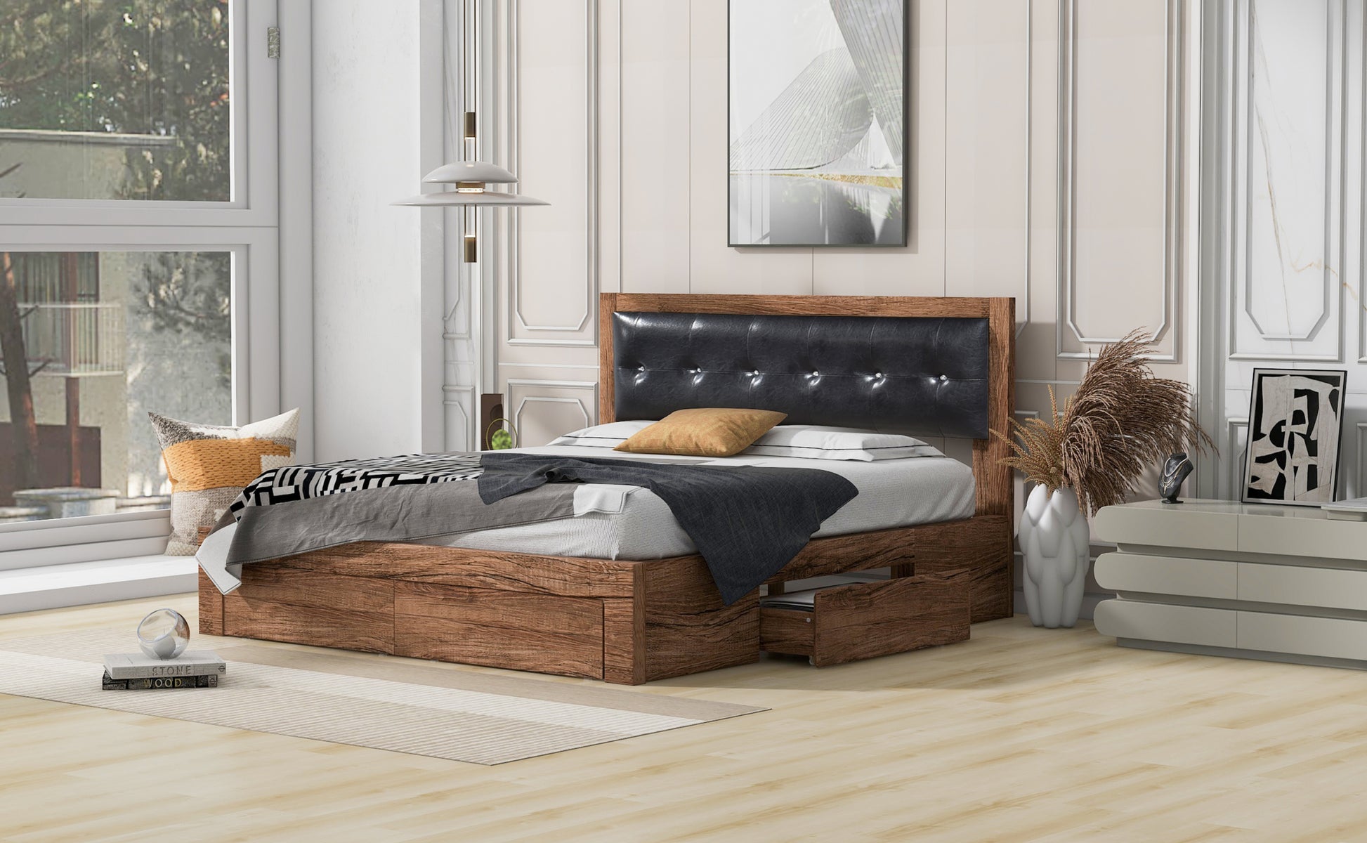 Queen Size Wood Platform Bed With Upholstered Headboard And 4 Drawers Box Spring Not Required Queen Walnut Wood Bedroom Bed Frame Faux Leather Solid Wood Mdf