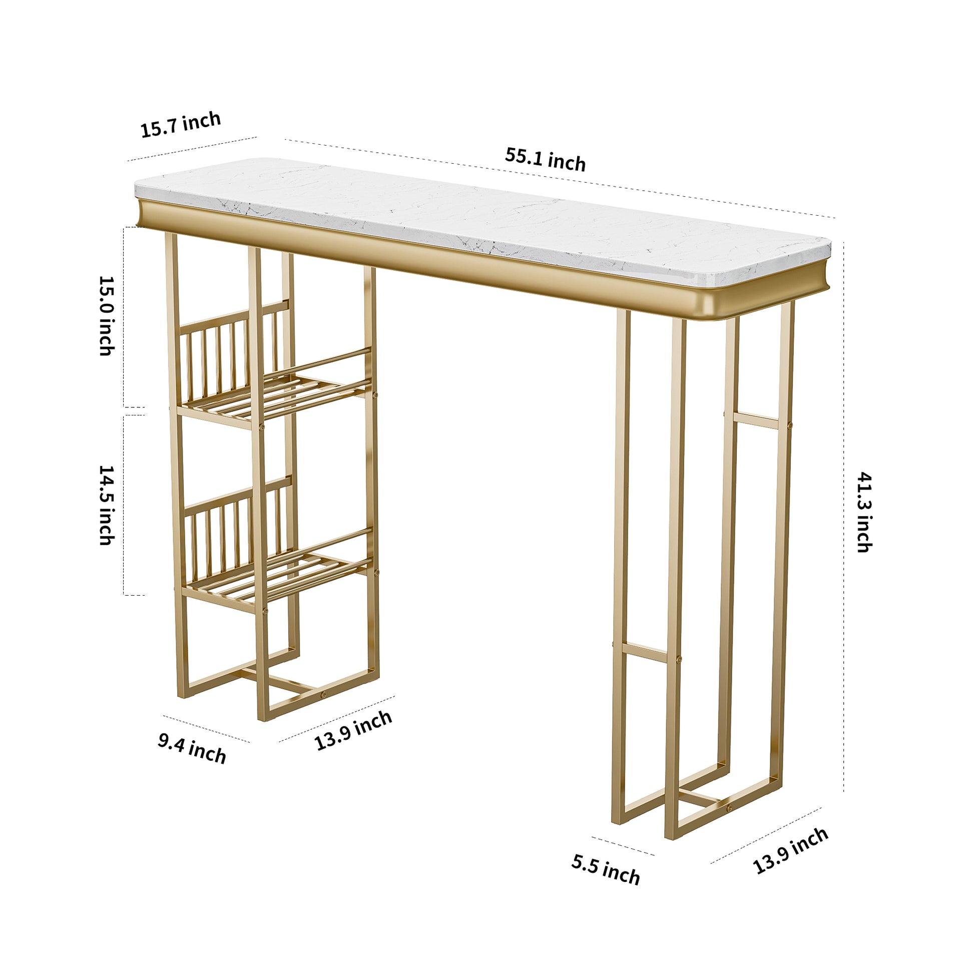 55.1" Modern Straight Bar Table With Shelves In White & Gold White Gold Dining Room Contemporary Floor Mount Rectangular Kitchen & Dining Tables Glossy Rectangular Mdf Metal