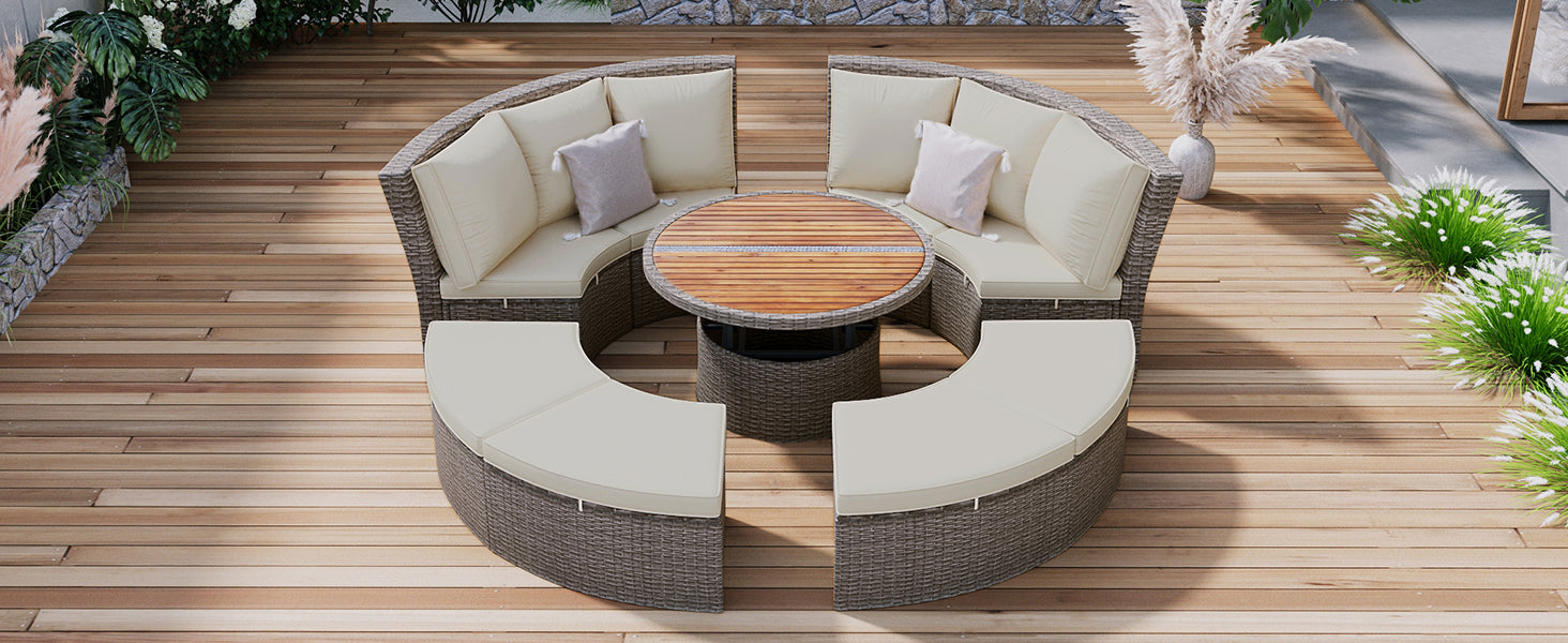 Patio 5 Piece Round Rattan Sectional Sofa Set All Weather Pe Wicker Sunbed Daybed With Round Liftable Table And Washable Cushions For Outdoor Backyard Poolside, Gray Yes Deep Seating Gray Water Resistant Frame Water Resistant Cushion Garden & Outdoor