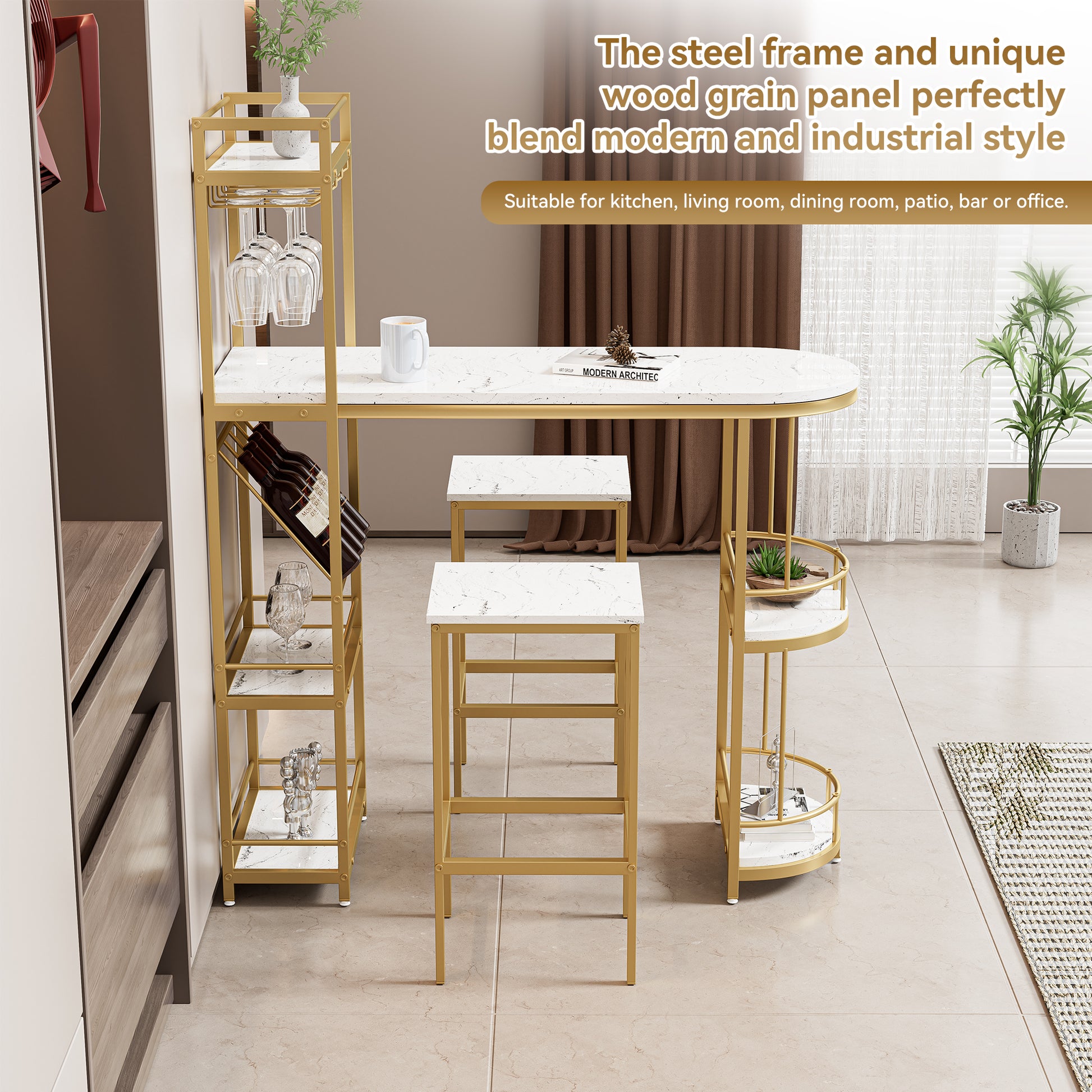3 Pcs Bar Table And Chairs Set, Modern White Kitchen Bar Height Dining Table Wood Breakfast Pub Table With Gold Base With Shelves, Glass Rack, Wine Bottle Rack ,With 2 Bar Stools White Gold Dining Room Contemporary Floor Mount Rectangular Kitchen &