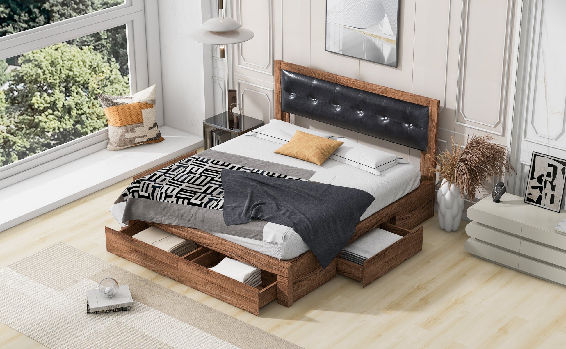 Queen Size Wood Platform Bed With Upholstered Headboard And 4 Drawers Box Spring Not Required Queen Walnut Wood Bedroom Bed Frame Faux Leather Solid Wood Mdf