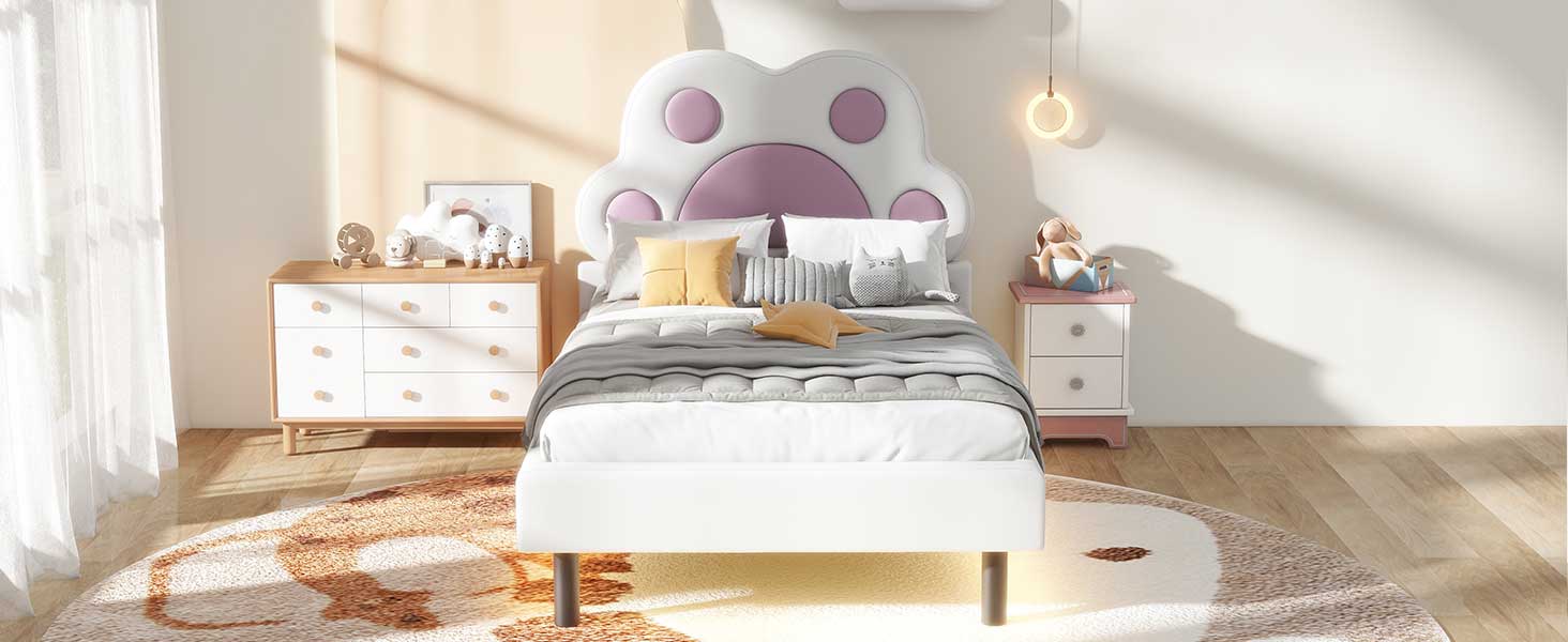 Twin Size Upholstered Platform Bed With Animal Paw Shaped Headboard And Led, Pink Box Spring Not Required Twin White Pink Wood Bedroom Solid Wood Mdf