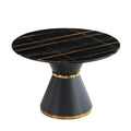 Black Marble Printed Mdf Round Dining Table, Black Columnar Base With Gold Annulus Not Including Chairs Black Mdf Steel