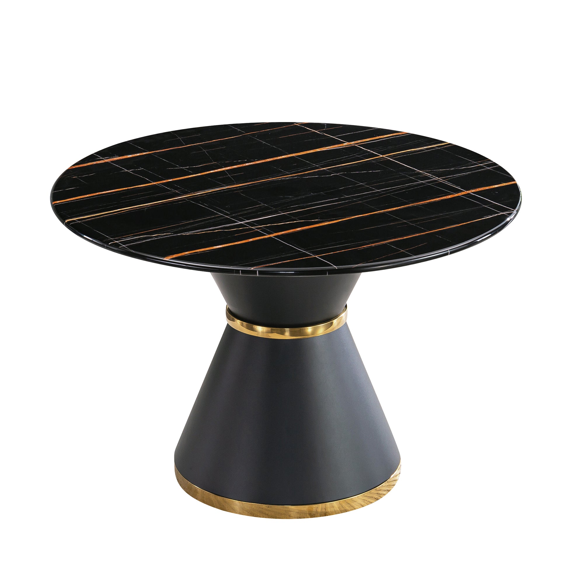 Black Marble Printed Mdf Round Dining Table, Black Columnar Base With Gold Annulus Not Including Chairs Black Mdf Steel