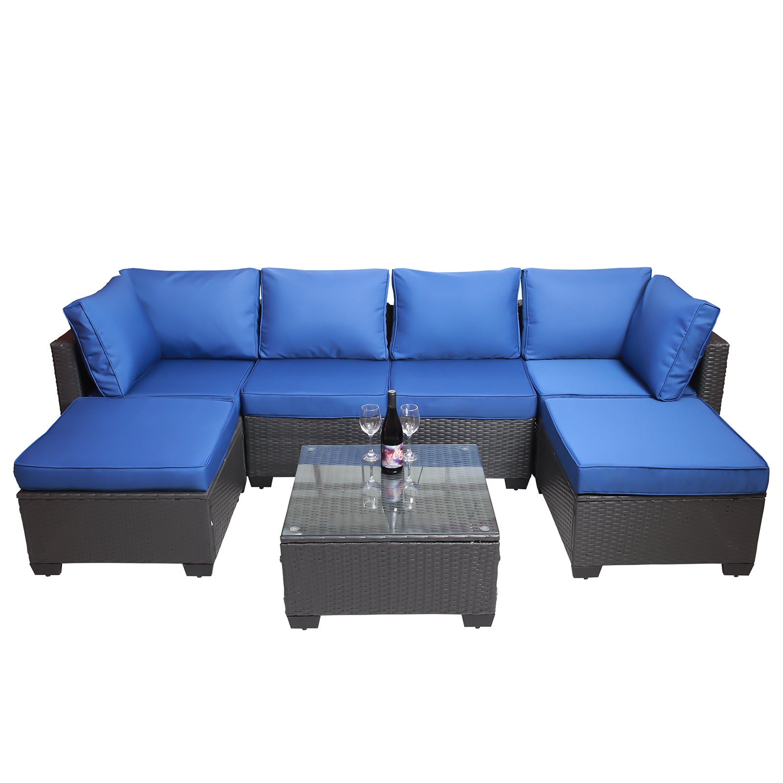 Outdoor Garden Patio Furniture 7 Piece Pe Rattan Wicker Cushioned Sofa Sets And Coffee Table, Patio Furniture Set Outdoor Couch Outdoor Couch Patio Furniture Outdoor Sofa Patio Couch Yes Complete Patio Set Black Blue Rust Resistant Frame Water Resistant