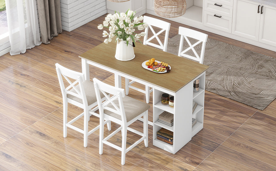 60"Lx30"W Solid Wood Farmhouse Counter Height Dining Table Set With 3 Tier Storage Shelves, Upholstered Dining Chairs For 4, 5 Piece, White Wood Dining Room Solid Wood Rubberwood Rectangular Dining Table With Chair Wood Wood Natural White Seats 4
