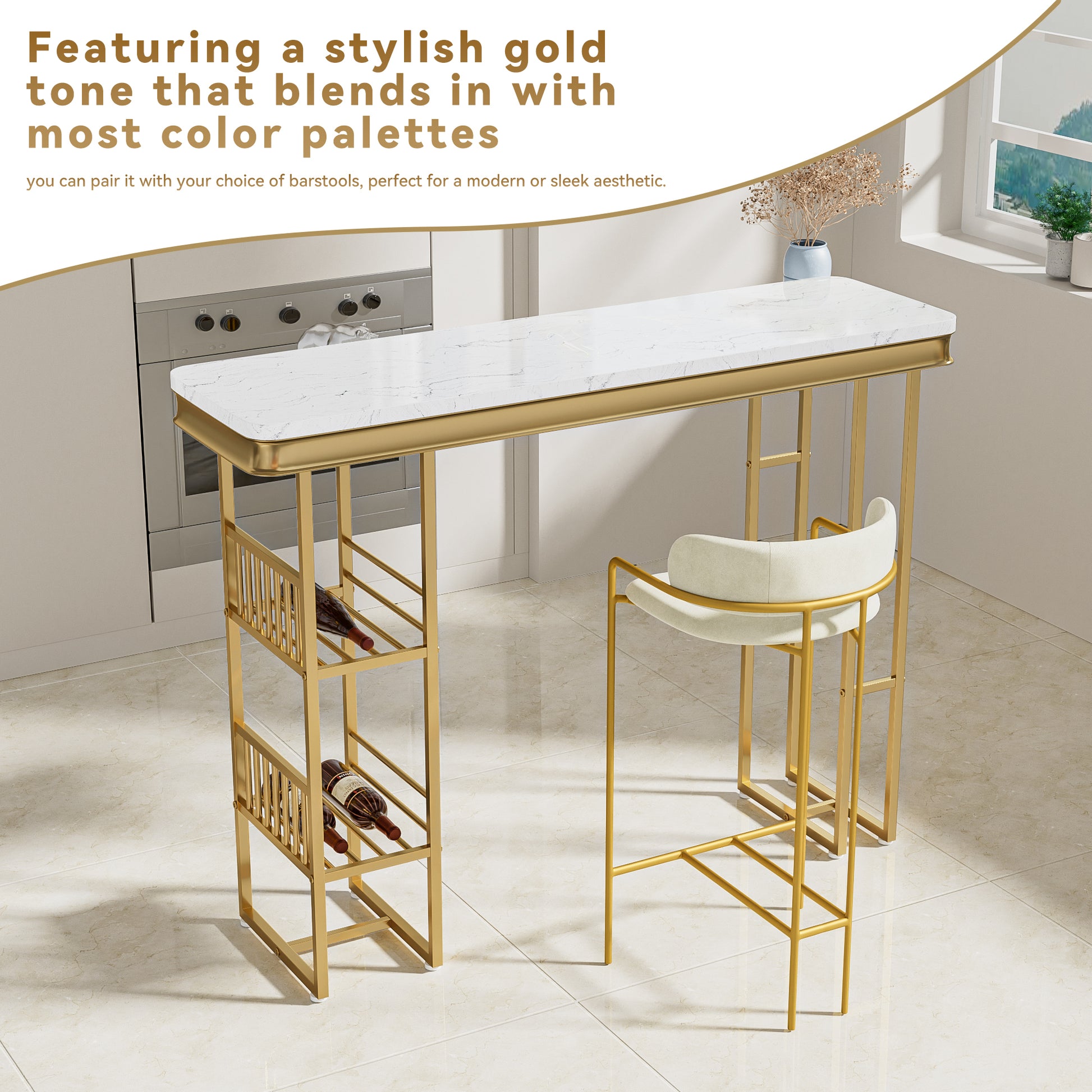 55.1" Modern Straight Bar Table With Shelves In White & Gold White Gold Dining Room Contemporary Floor Mount Rectangular Kitchen & Dining Tables Glossy Rectangular Mdf Metal