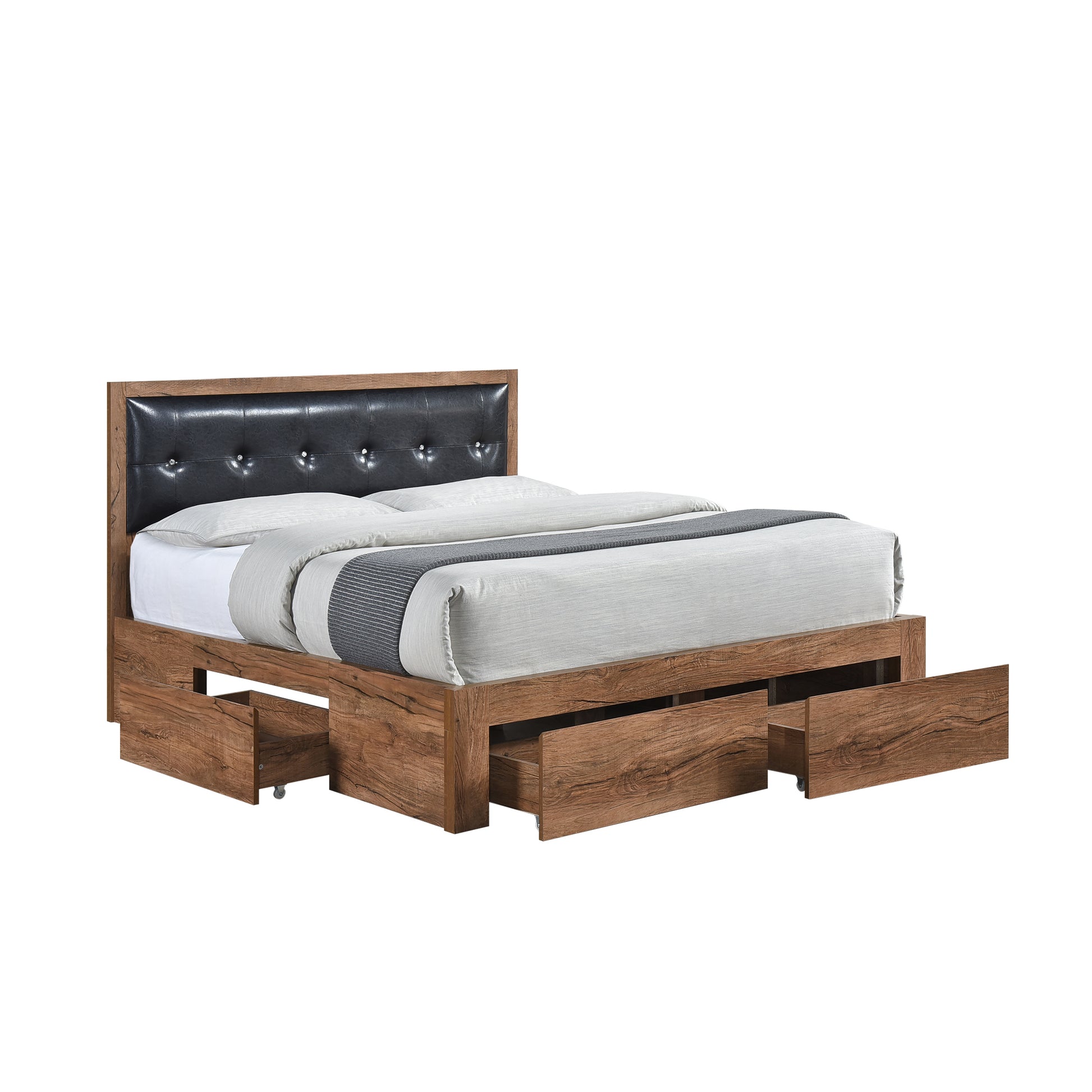 Queen Size Wood Platform Bed With Upholstered Headboard And 4 Drawers Box Spring Not Required Queen Walnut Wood Bedroom Bed Frame Faux Leather Solid Wood Mdf