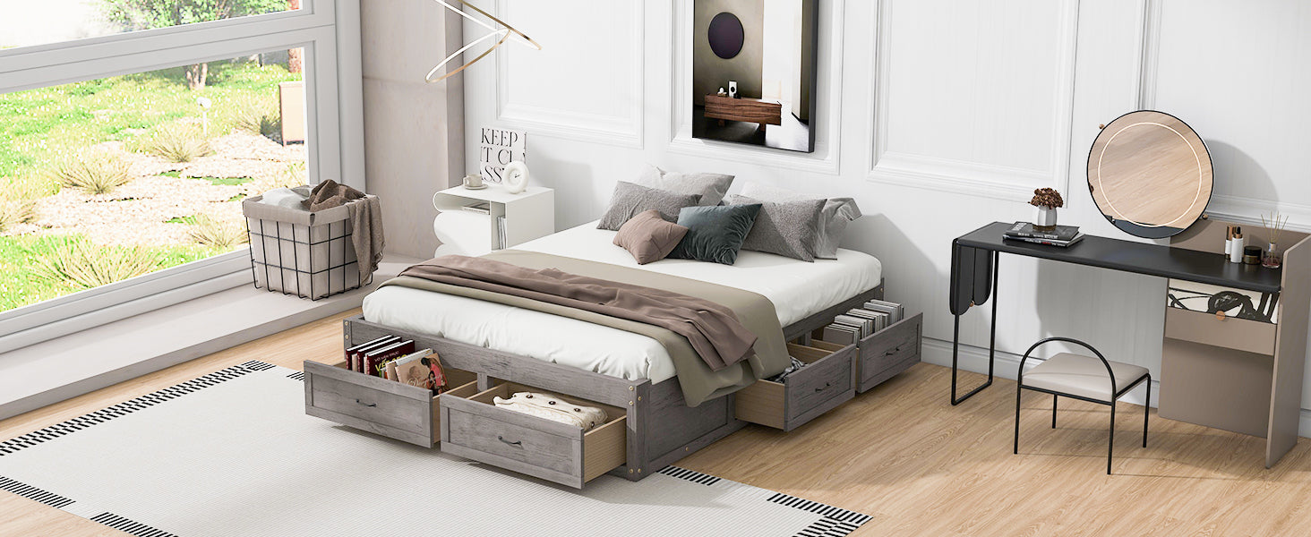 Queen Size Platform Bed With 6 Storage Drawers,Antique Gray Antique Gray Mdf Lvl