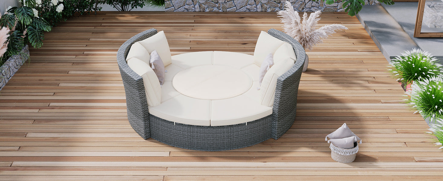 Patio 5 Piece Round Rattan Sectional Sofa Set All Weather Pe Wicker Sunbed Daybed With Round Liftable Table And Washable Cushions For Outdoor Backyard Poolside, Beige Yes Deep Seating Beige Water Resistant Frame Water Resistant Cushion Garden & Outdoor