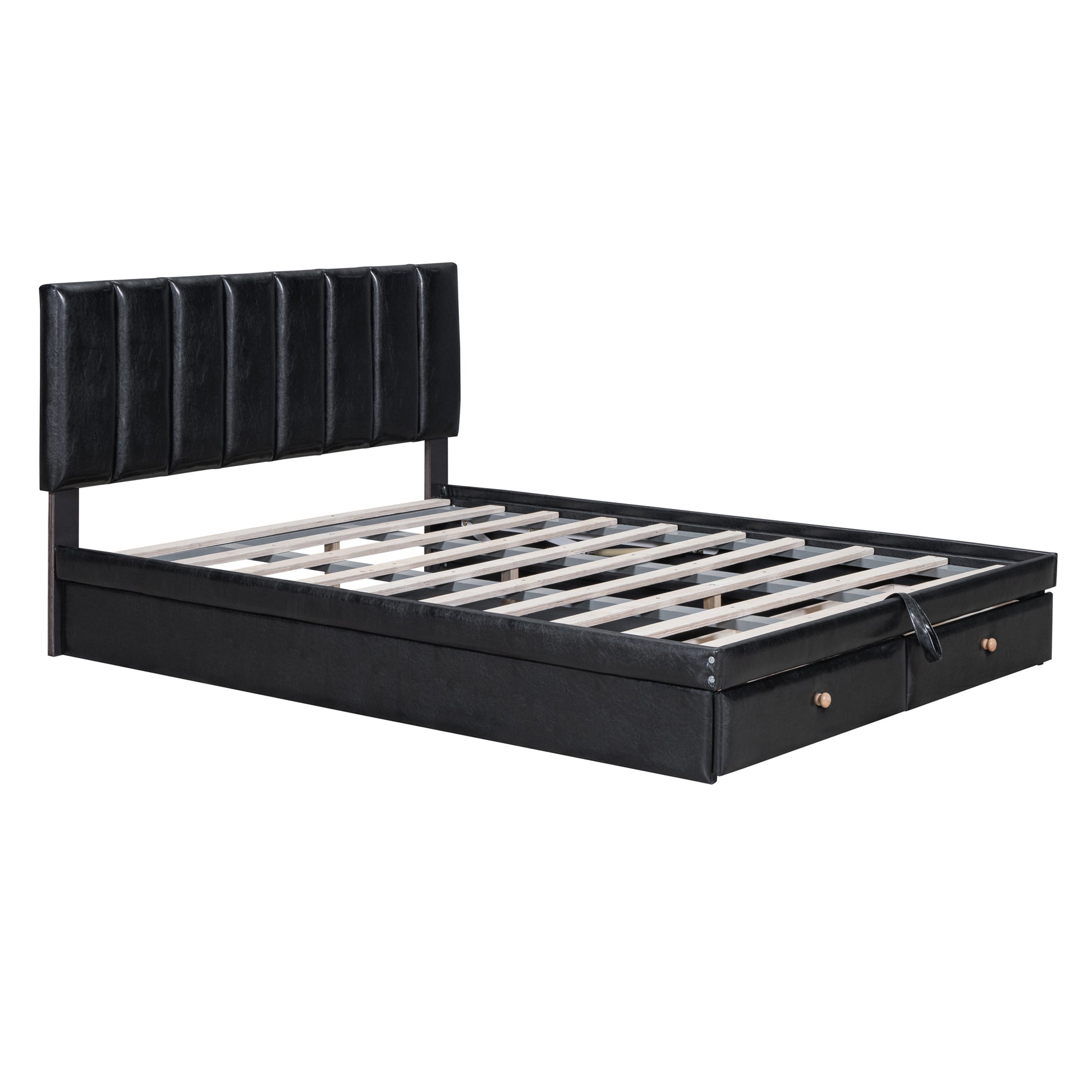 Full Size Upholstered Bed With Hydraulic Storage System And Drawer, Black Black Pu Leather