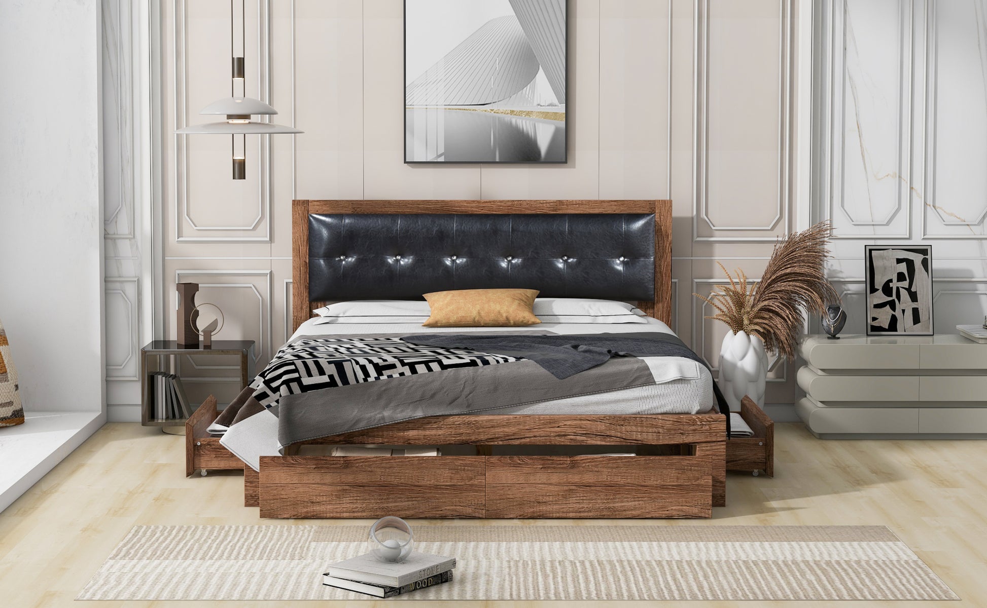Queen Size Wood Platform Bed With Upholstered Headboard And 4 Drawers Box Spring Not Required Queen Walnut Wood Bedroom Bed Frame Faux Leather Solid Wood Mdf