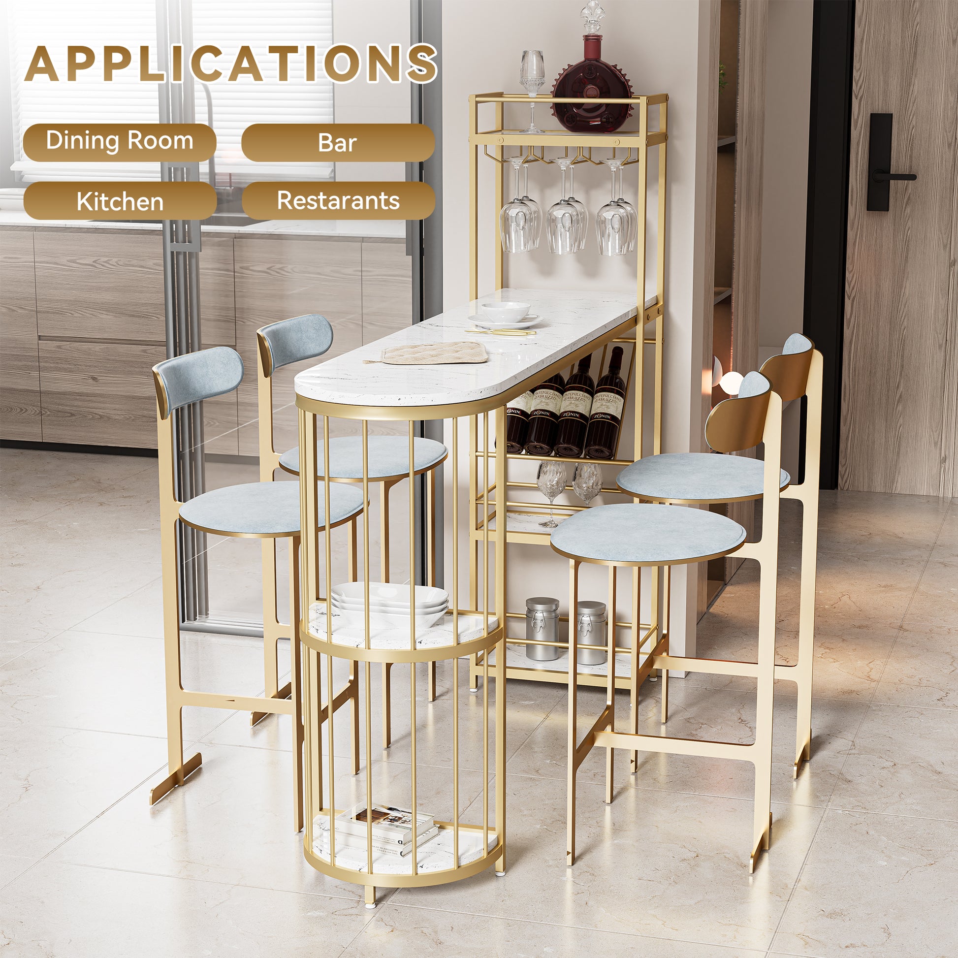 63" Modern White Kitchen Bar Height Dining Table Wood Breakfast Pub Table With Gold Base With Shelves, Glass Rack, Wine Bottle Rack White Gold Dining Room Contemporary Floor Mount Rectangular Kitchen & Dining Tables Glossy Rectangular Mdf Metal