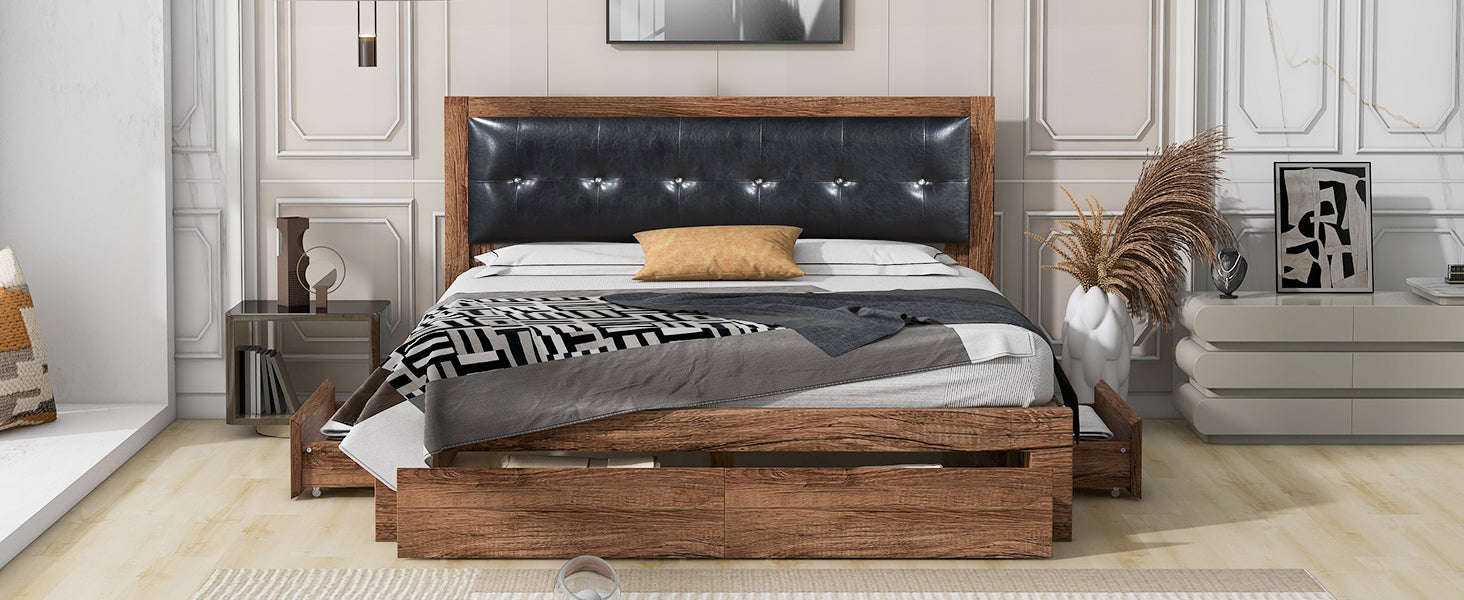 Queen Size Wood Platform Bed With Upholstered Headboard And 4 Drawers Box Spring Not Required Queen Walnut Wood Bedroom Bed Frame Faux Leather Solid Wood Mdf