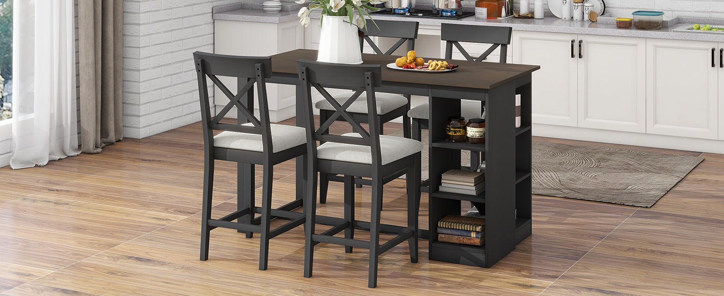 60"Lx30"W Solid Wood Farmhouse Counter Height Dining Table Set With 3 Tier Storage Shelves, Upholstered Dining Chairs For 4, 5 Piece, Gray Wood Dining Room Solid Wood Rubberwood Rectangular Dining Table With Chair Wood Wood Gray Seats 4 Farmhouse 4 Leg