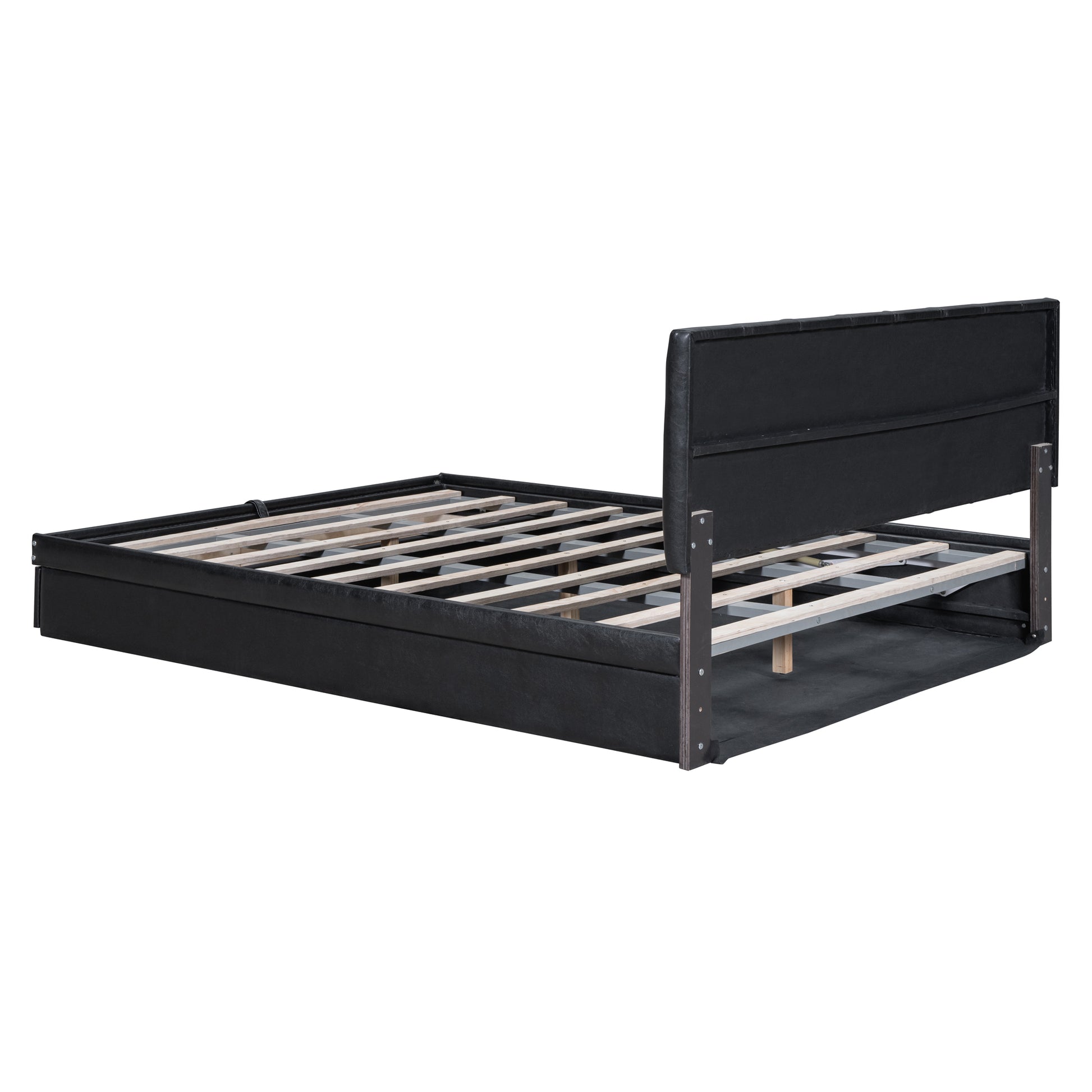 Queen Size Upholstered Bed With Hydraulic Storage System And Drawer, Black Black Pu Leather