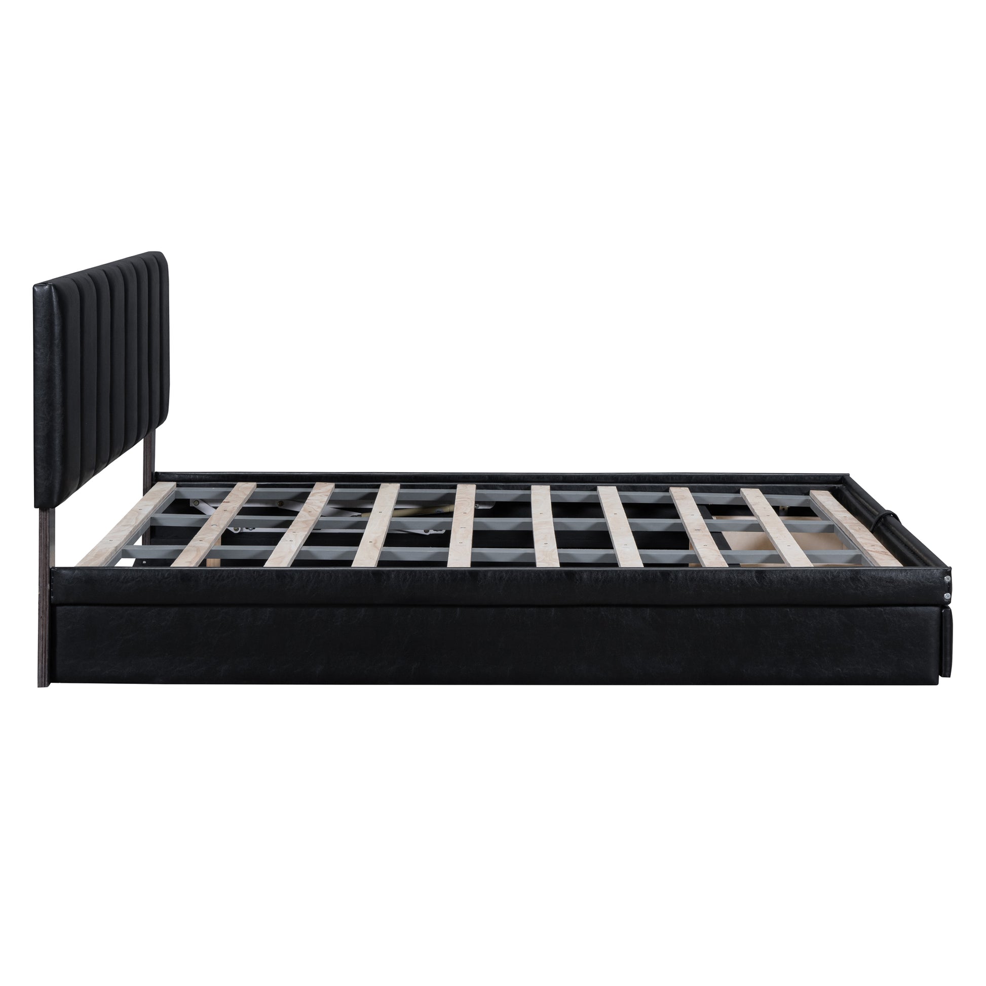 Queen Size Upholstered Bed With Hydraulic Storage System And Drawer, Black Black Pu Leather