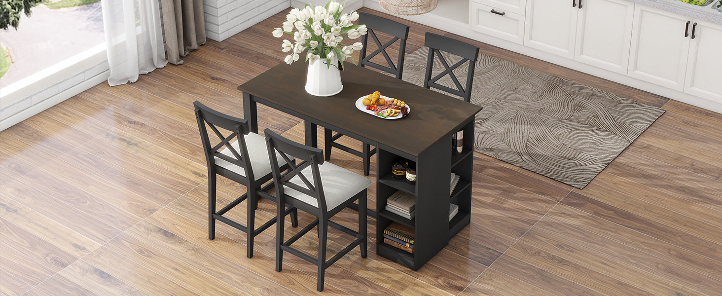 60"Lx30"W Solid Wood Farmhouse Counter Height Dining Table Set With 3 Tier Storage Shelves, Upholstered Dining Chairs For 4, 5 Piece, Gray Wood Dining Room Solid Wood Rubberwood Rectangular Dining Table With Chair Wood Wood Gray Seats 4 Farmhouse 4 Leg