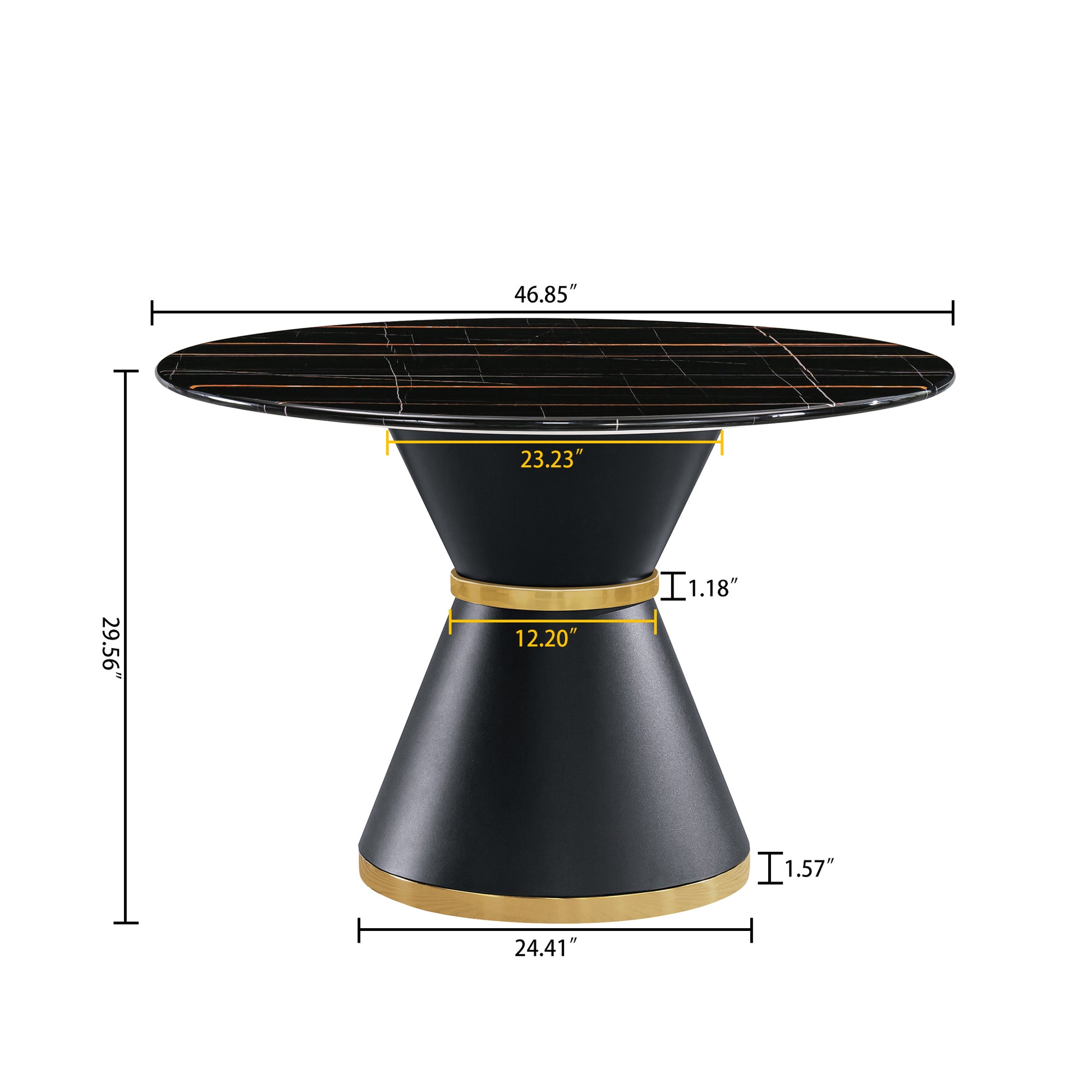 Black Marble Printed Mdf Round Dining Table, Black Columnar Base With Gold Annulus Not Including Chairs Black Mdf Steel