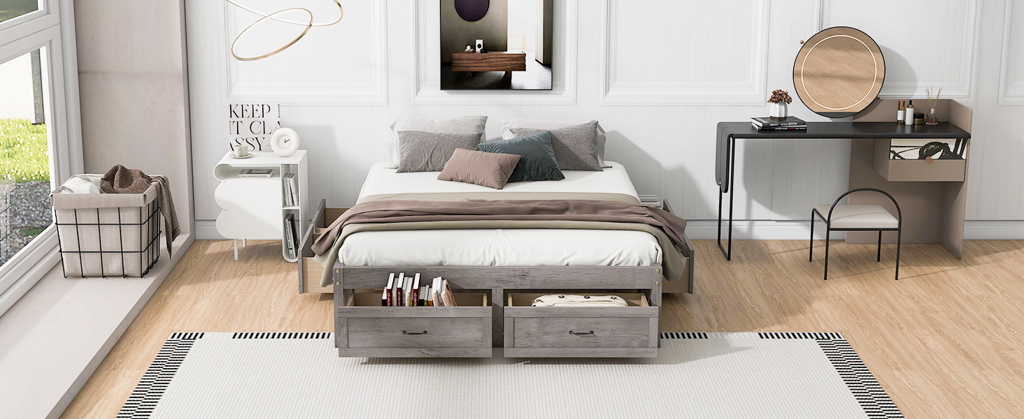 Queen Size Platform Bed With 6 Storage Drawers,Antique Gray Antique Gray Mdf Lvl