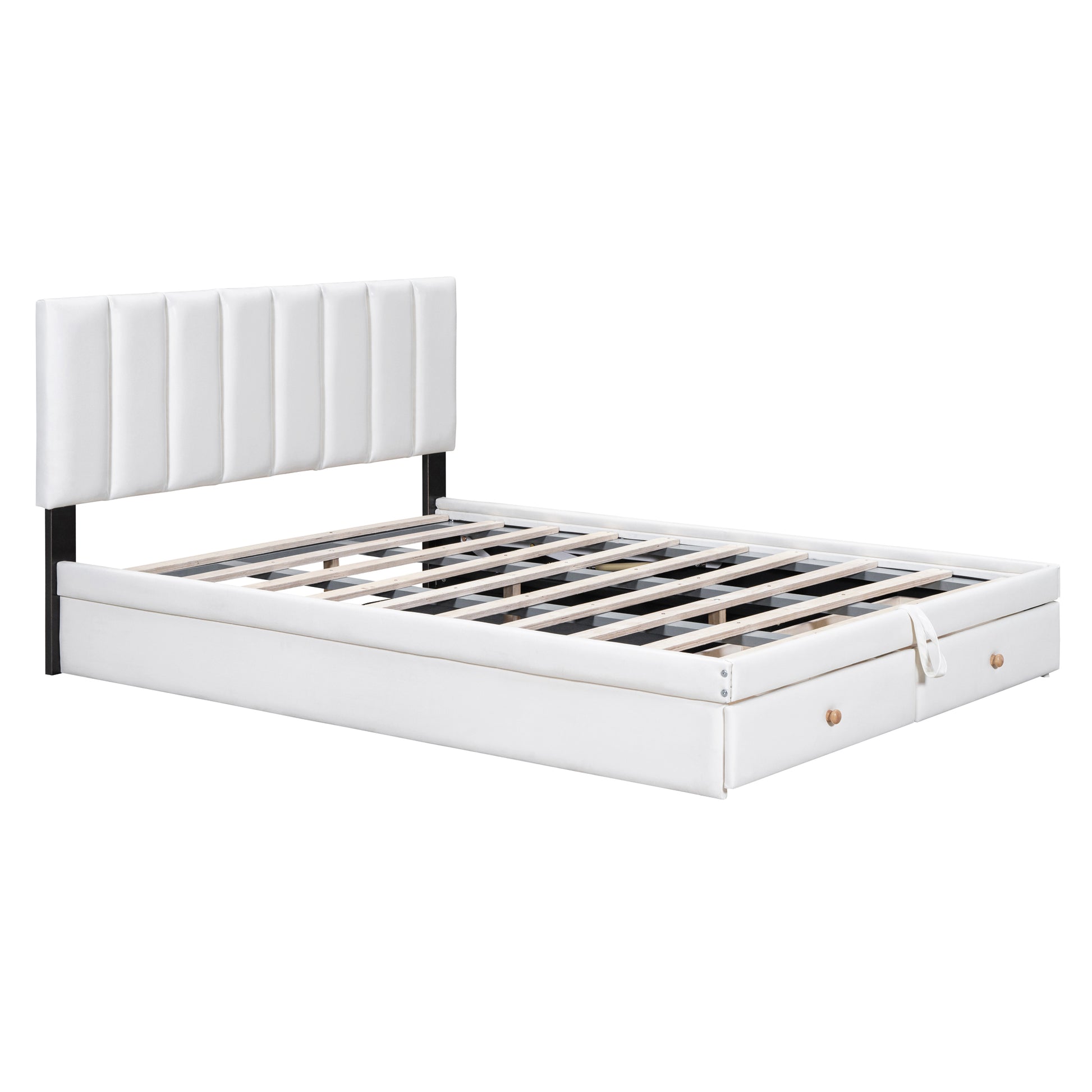Full Size Upholstered Bed With Hydraulic Storage System And Drawer, White White Pu Leather