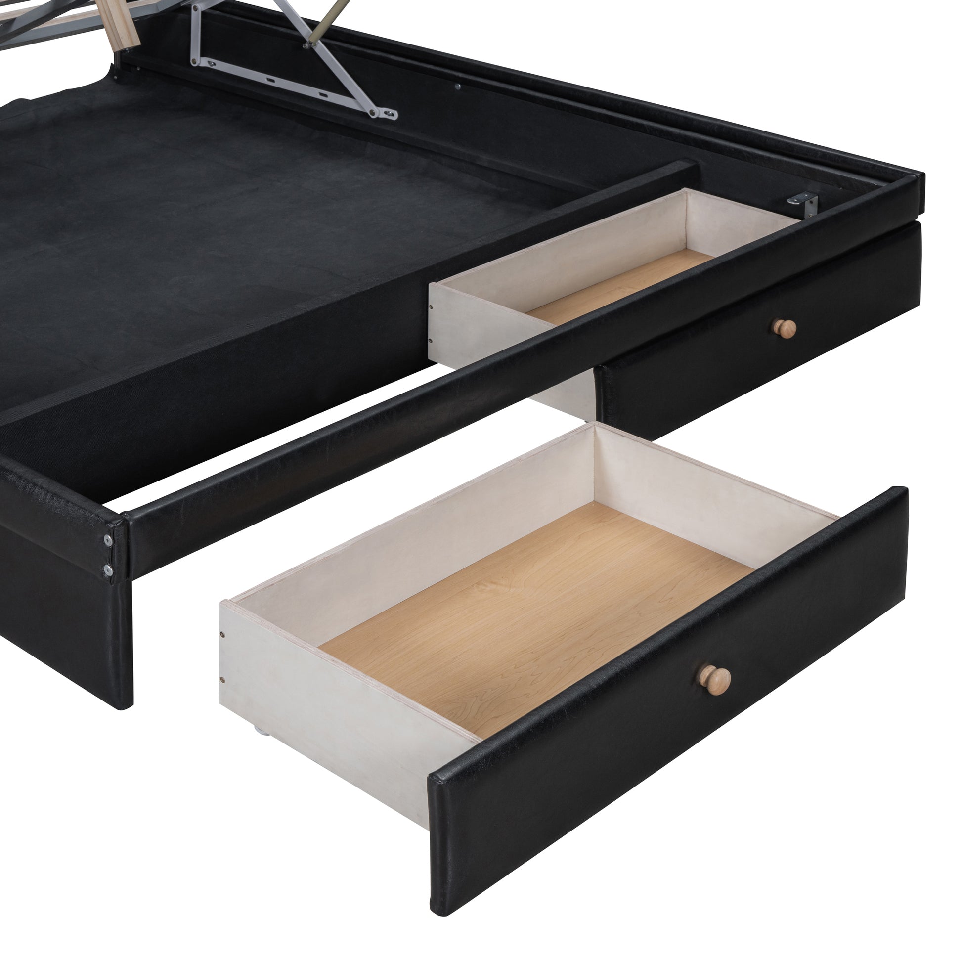 Queen Size Upholstered Bed With Hydraulic Storage System And Drawer, Black Black Pu Leather