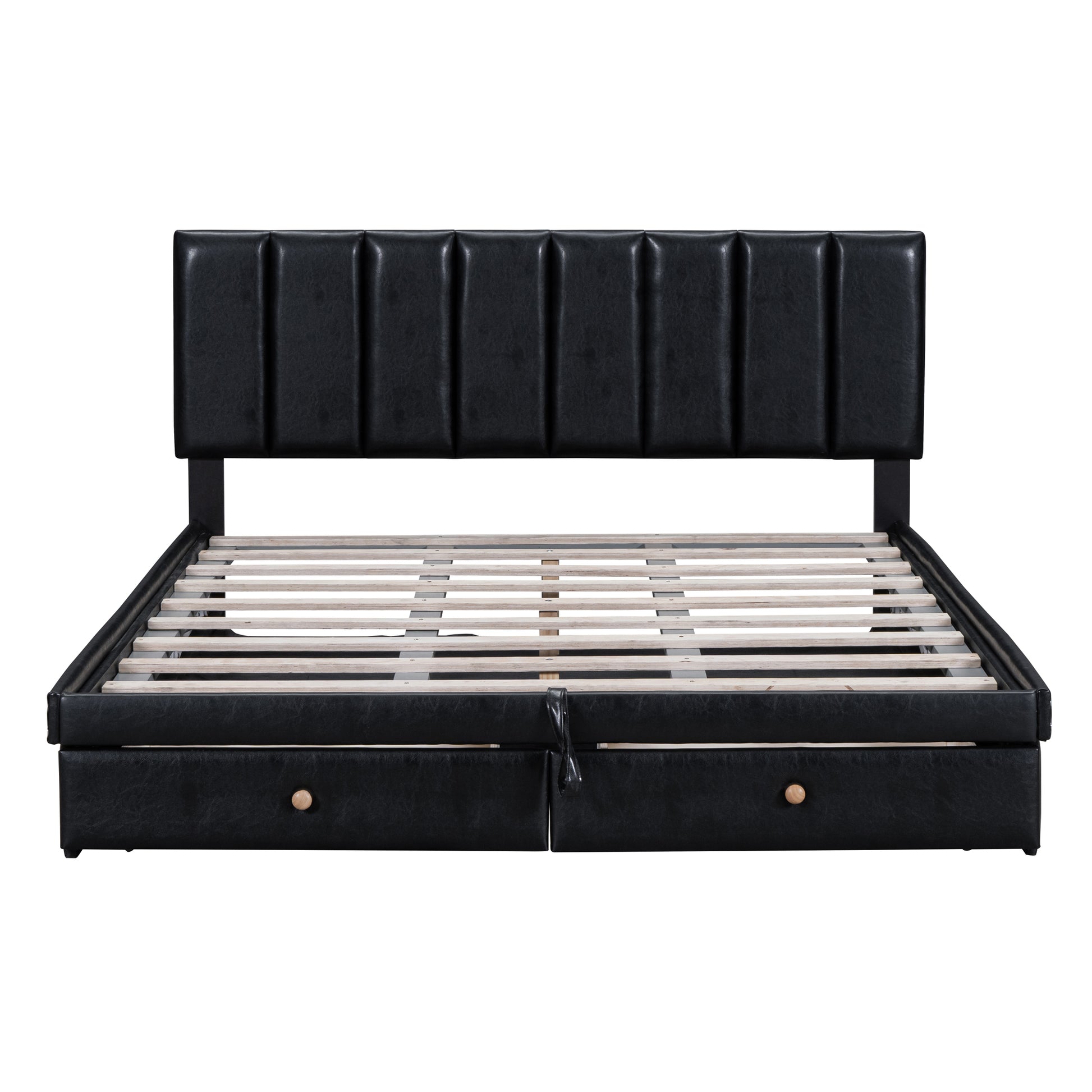 Queen Size Upholstered Bed With Hydraulic Storage System And Drawer, Black Black Pu Leather