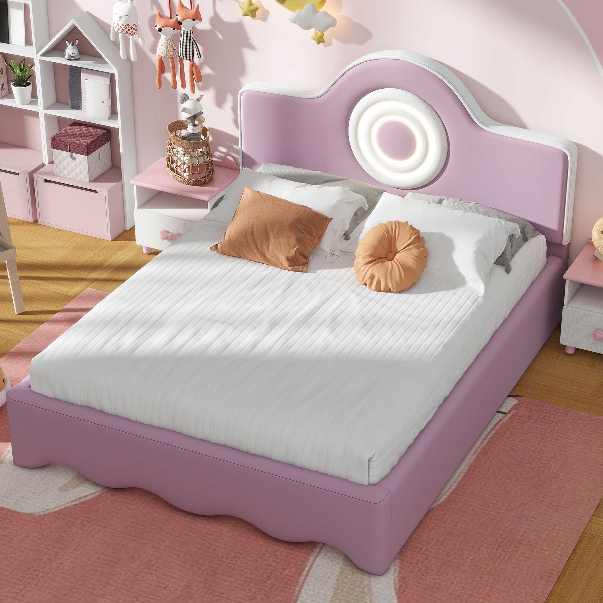 Full Size Upholstered Platform Bed With Led Headboard, Pink Box Spring Not Required Full Pink Wood Bedroom Upholstered