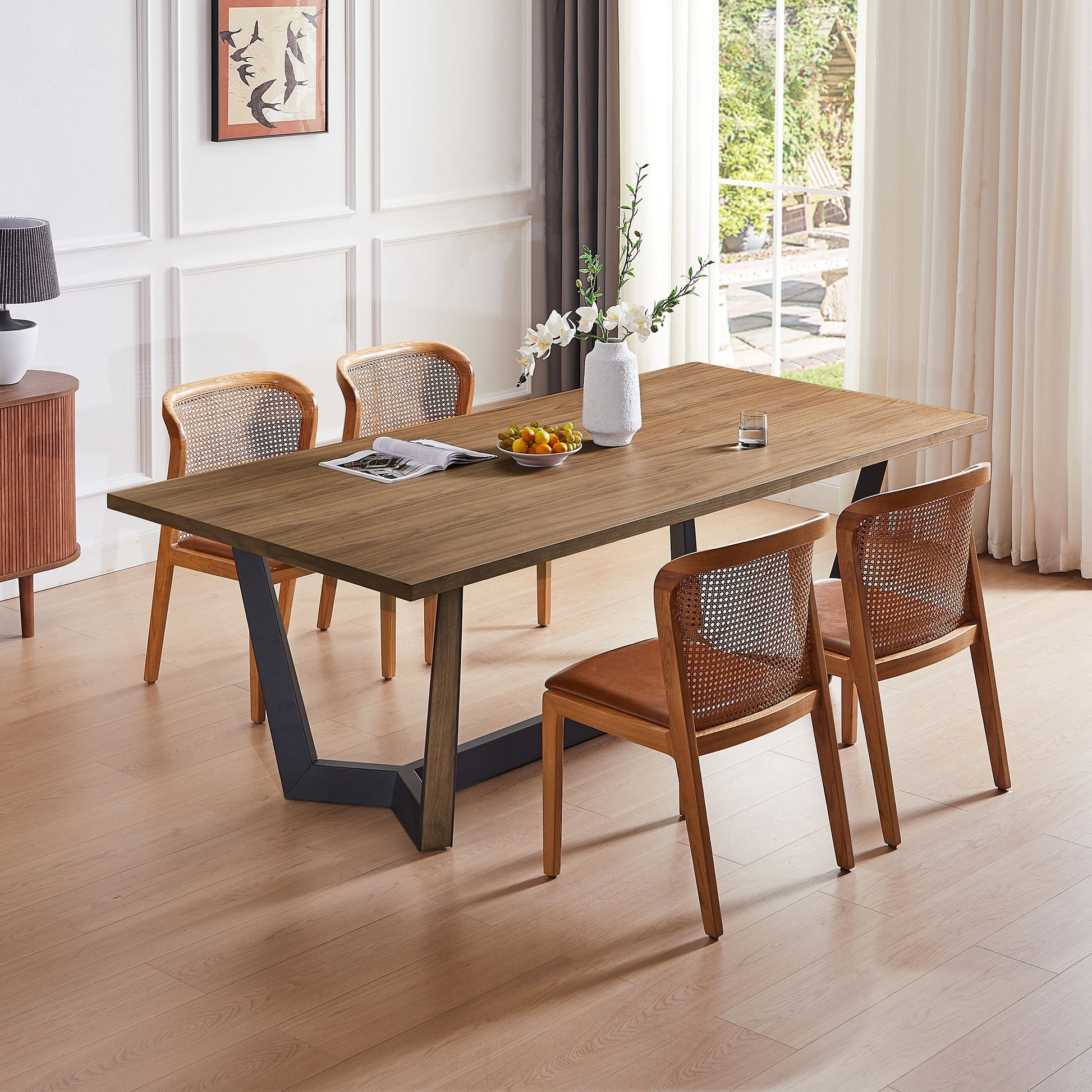 86.61" Dining Table Mid Century Modern Rectangle Mdf Kitchen Table For Dining Room Balcony Cafe Bar Conference.Walnut. Walnut Foam Mdf Steel