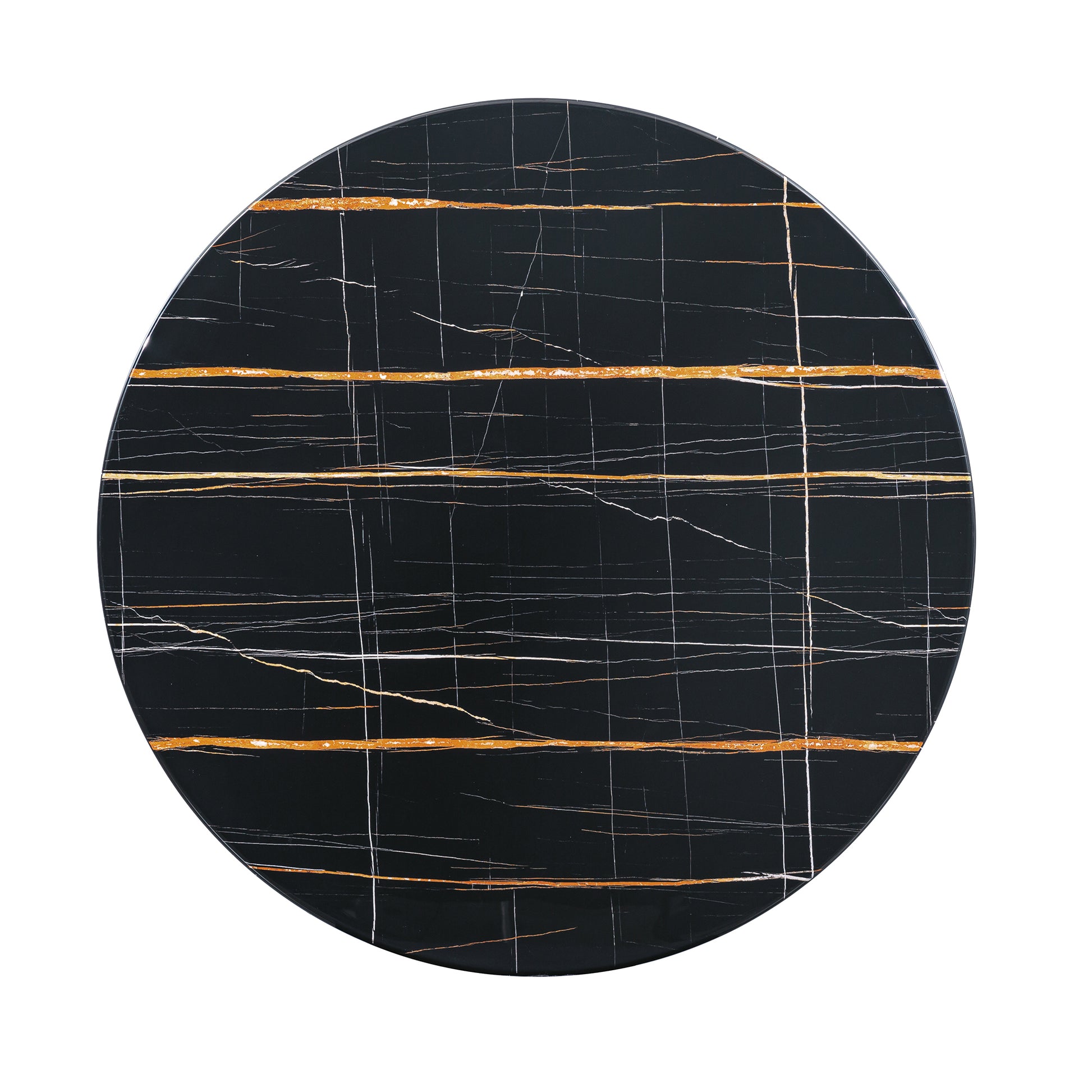 Black Marble Printed Mdf Round Dining Table, Black Columnar Base With Gold Annulus Not Including Chairs Black Mdf Steel
