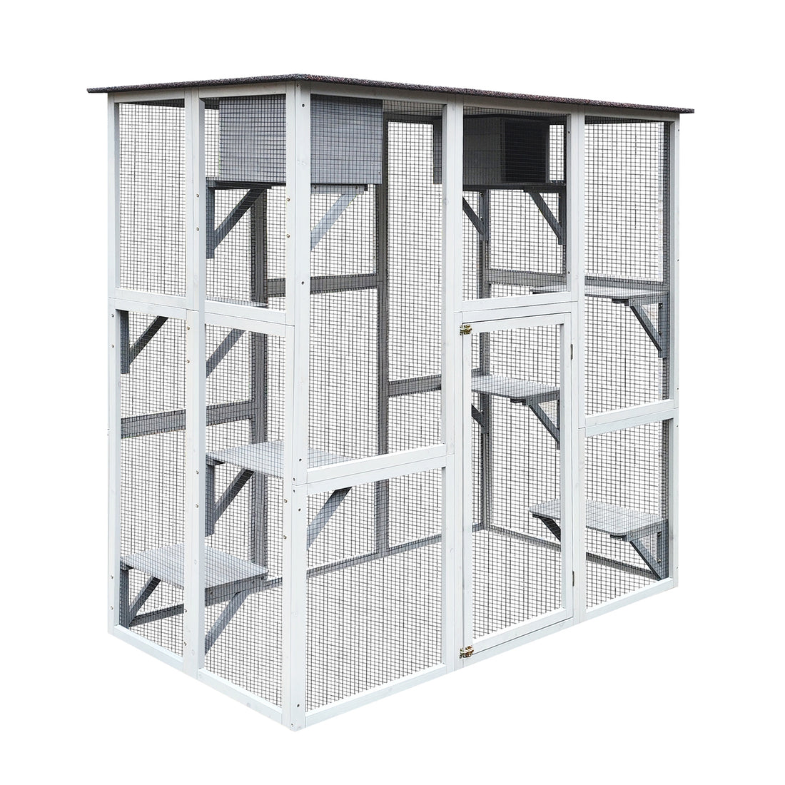 Wooden Catio Cat Enclosure, 71" Cat House Weatherproof Asphalt Roof, Large Solid Wood Cat Cage Playpen With 8 Jumping Platforms & 2 Napping Houses, Walk In Cat Kennel Condo Shelter Gray Wood
