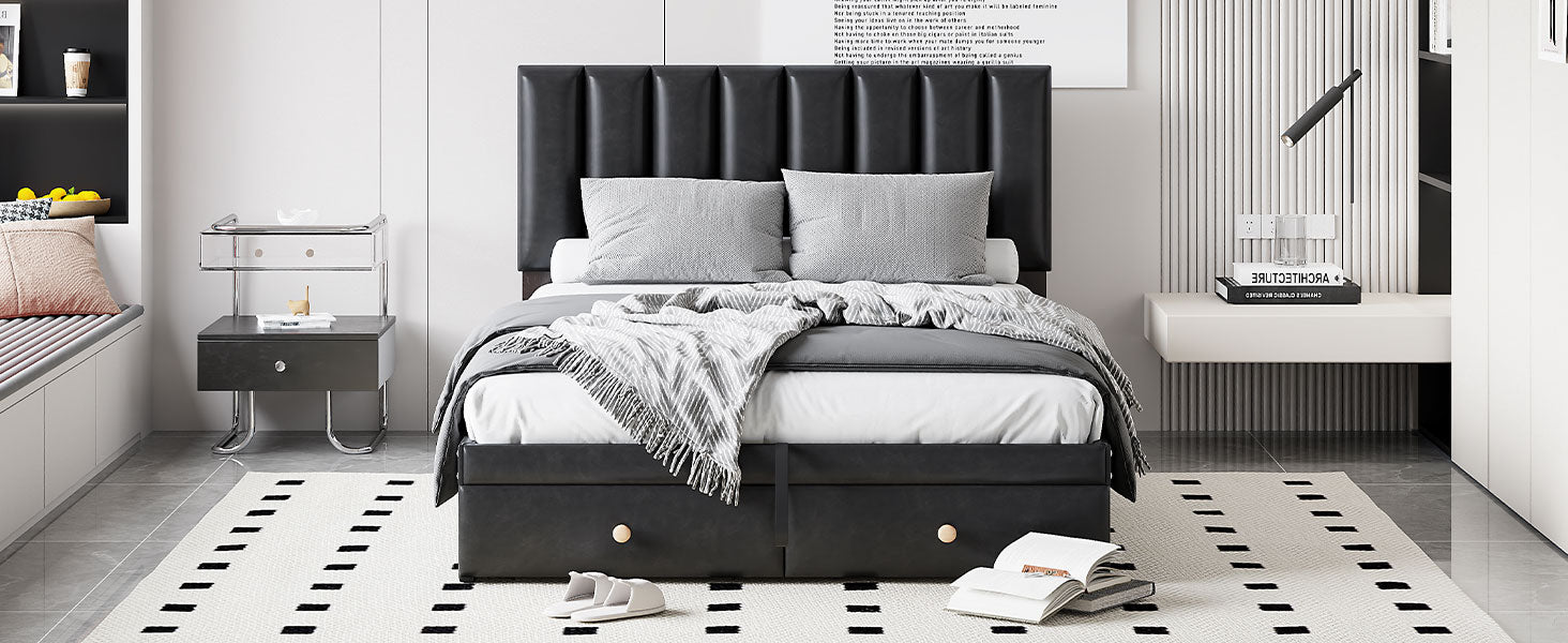 Full Size Upholstered Bed With Hydraulic Storage System And Drawer, Black Black Pu Leather