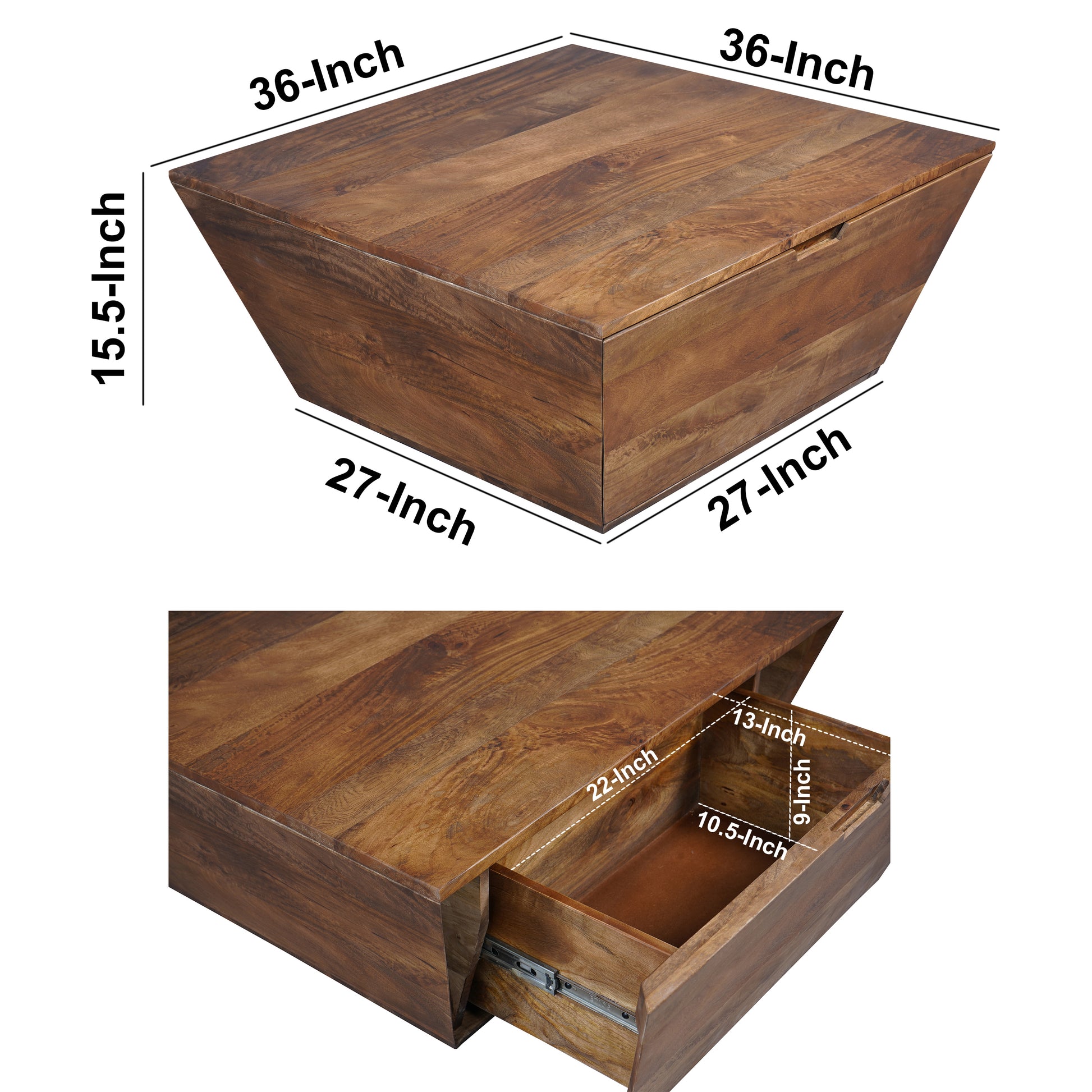 36 Inch Handcrafted Modern Farmhouse Coffee Table, Geometric Angled Square, 1 Drawer, Walnut Mango Wood Brown Metal & Wood