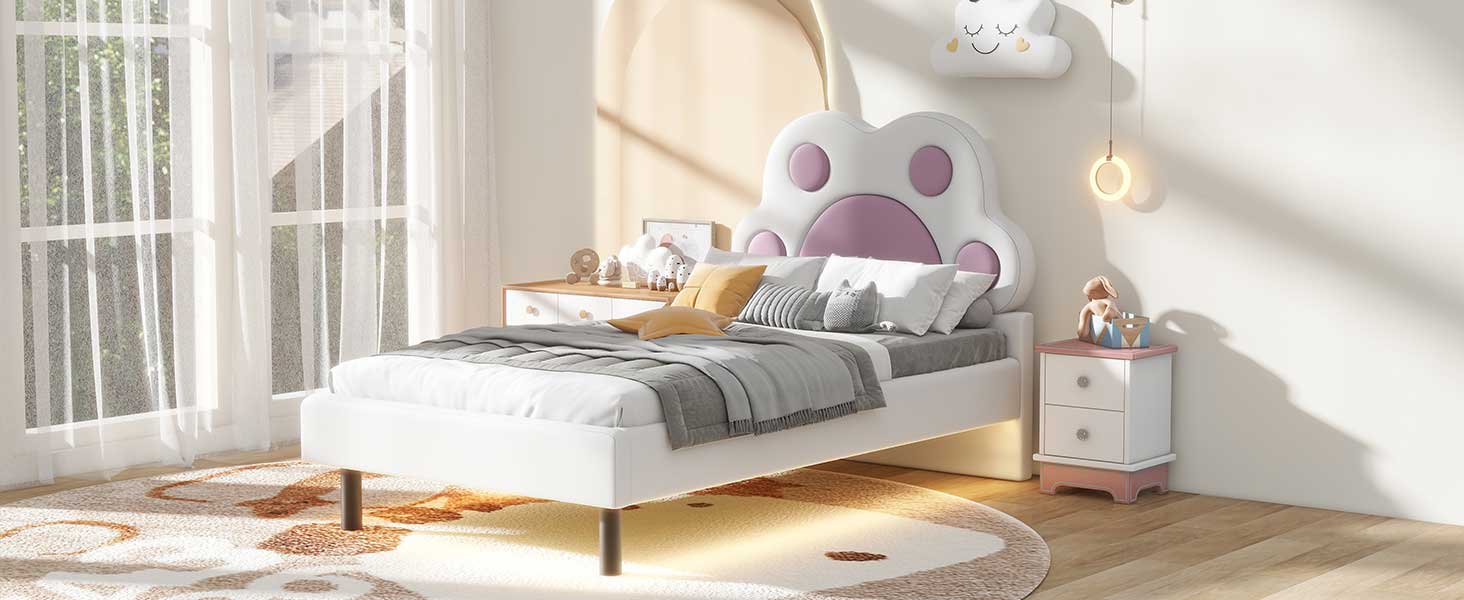 Twin Size Upholstered Platform Bed With Animal Paw Shaped Headboard And Led, Pink Box Spring Not Required Twin White Pink Wood Bedroom Solid Wood Mdf