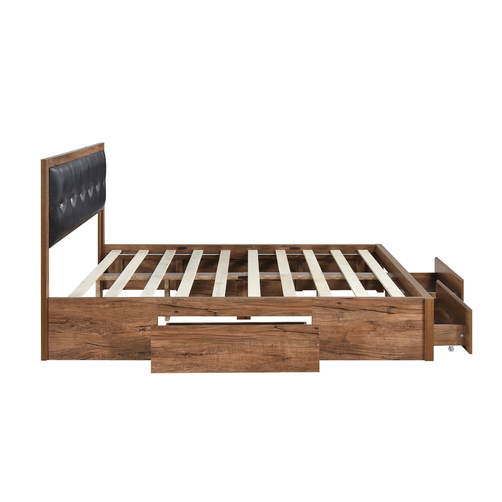 Queen Size Wood Platform Bed With Upholstered Headboard And 4 Drawers Box Spring Not Required Queen Walnut Wood Bedroom Bed Frame Faux Leather Solid Wood Mdf