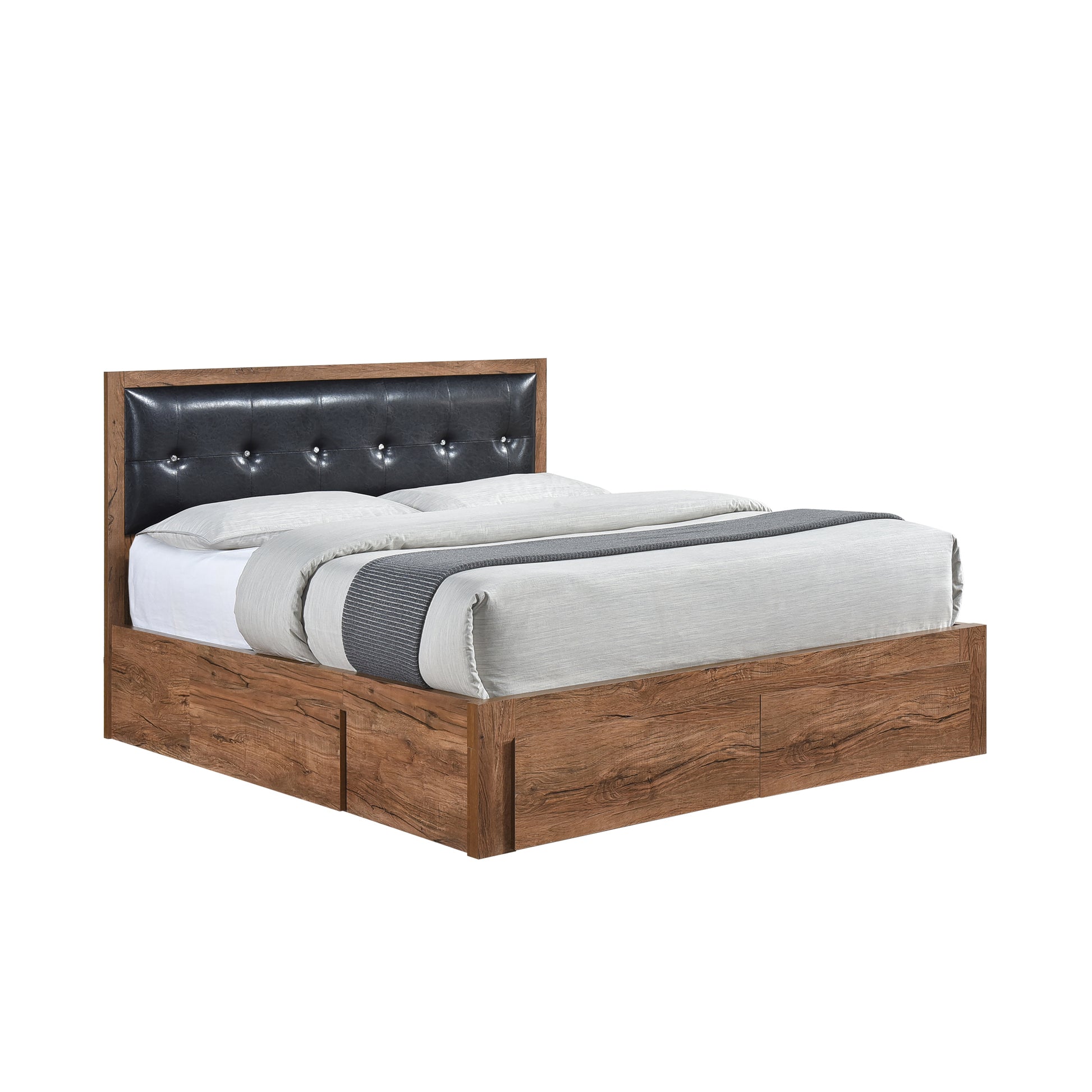Queen Size Wood Platform Bed With Upholstered Headboard And 4 Drawers Box Spring Not Required Queen Walnut Wood Bedroom Bed Frame Faux Leather Solid Wood Mdf