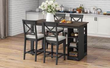 60"Lx30"W Solid Wood Farmhouse Counter Height Dining Table Set With 3 Tier Storage Shelves, Upholstered Dining Chairs For 4, 5 Piece, Gray Wood Dining Room Solid Wood Rubberwood Rectangular Dining Table With Chair Wood Wood Gray Seats 4 Farmhouse 4 Leg