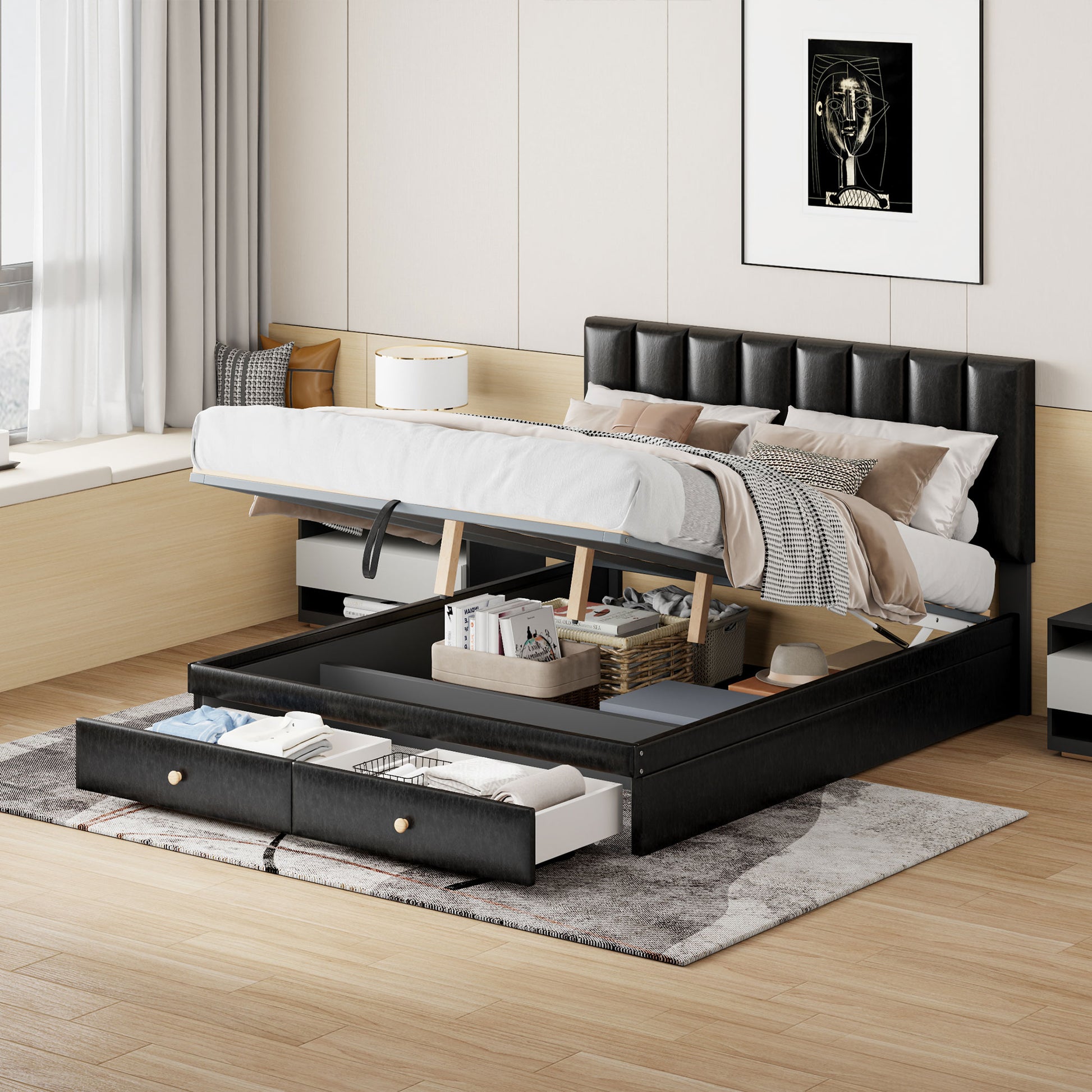 Queen Size Upholstered Bed With Hydraulic Storage System And Drawer, Black Black Pu Leather