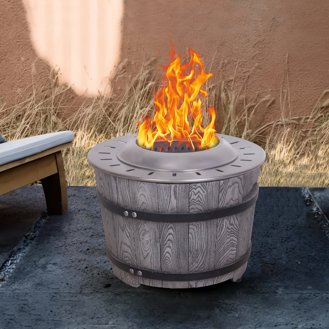 Smokeless Firepit With Wood Pellet Twig Wood As The Fuel, Wood Look Antique Black Garden & Outdoor American Design Concrete,Metal