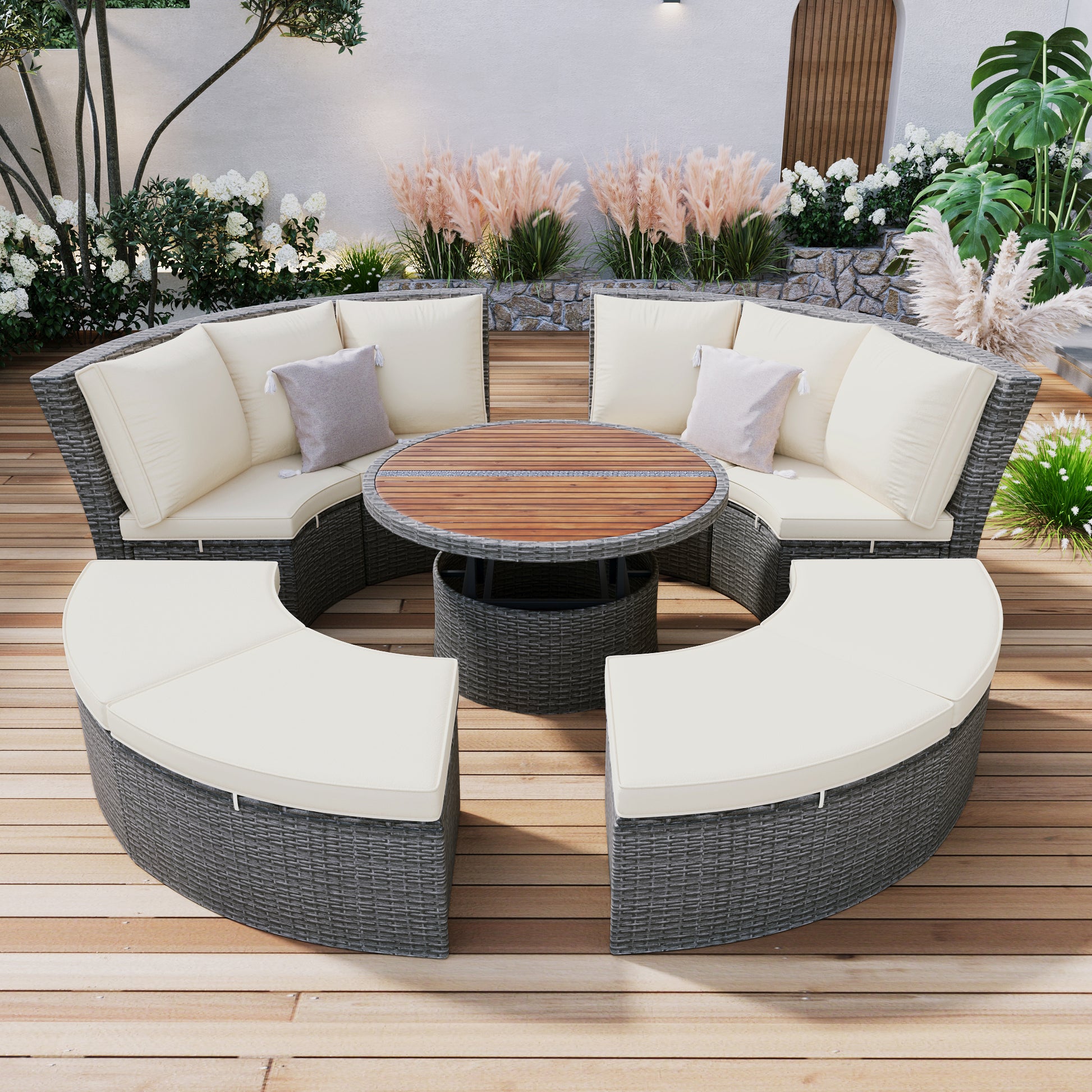 Patio 5 Piece Round Rattan Sectional Sofa Set All Weather Pe Wicker Sunbed Daybed With Round Liftable Table And Washable Cushions For Outdoor Backyard Poolside, Beige Yes Deep Seating Beige Water Resistant Frame Water Resistant Cushion Garden & Outdoor