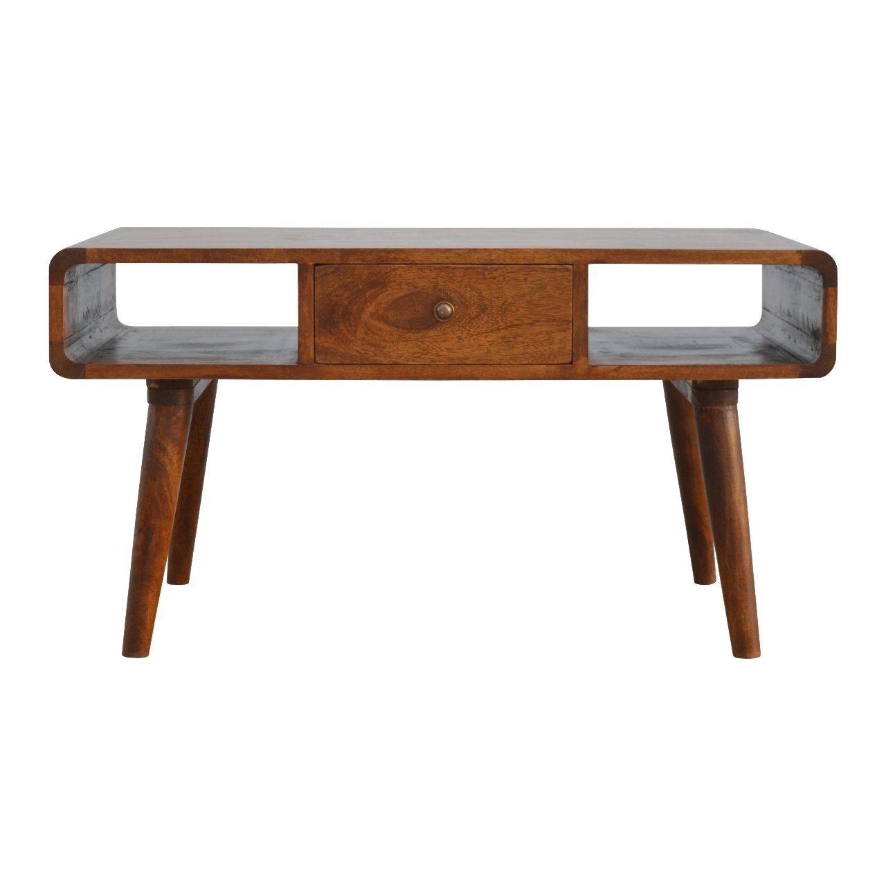 Solid Wood Curved Chestnut Coffee Table Chestnut Brown Primary Living Space Classic,Contemporary Freestanding Mango Shelves Coffee & End Tables Lacquered Rectangular Wood Solid Wood