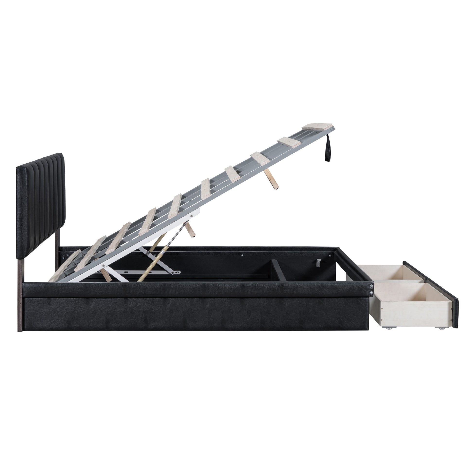 Full Size Upholstered Bed With Hydraulic Storage System And Drawer, Black Black Pu Leather