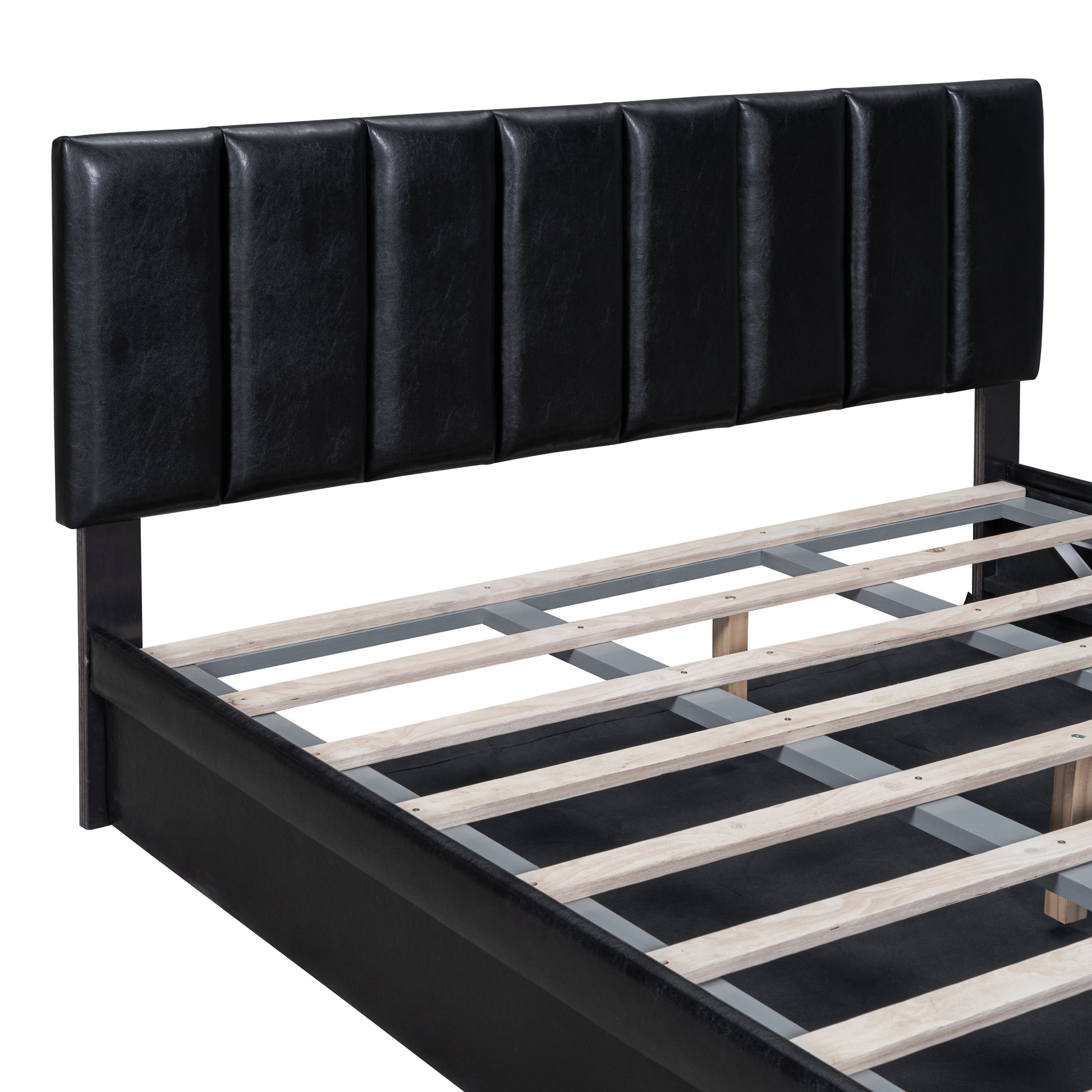 Queen Size Upholstered Bed With Hydraulic Storage System And Drawer, Black Black Pu Leather