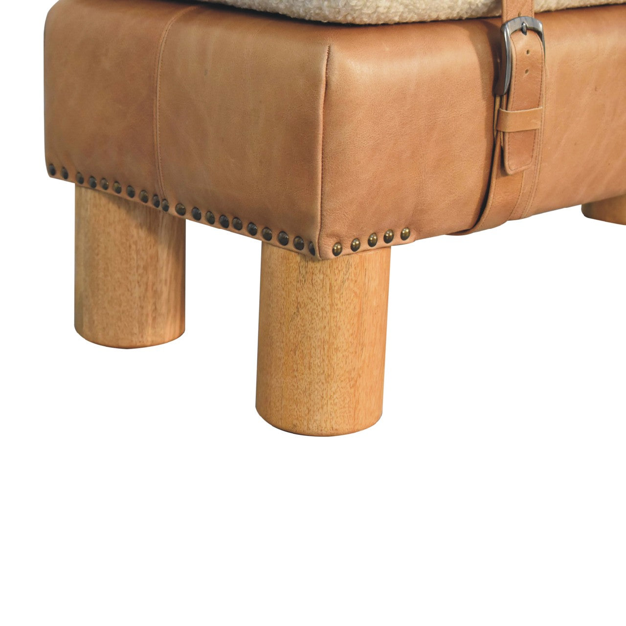 Strapped Cyclinder Bench Tan Leather Wood Fabric