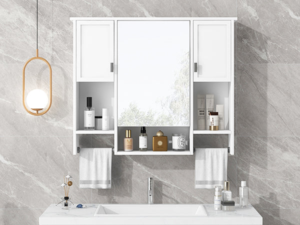 35'' X 28'' Modern Wall Mounted Bathroom Storage Cabinet, Bathroom Wall Cabinet With Mirror, Medicine Cabinet With Towels Bar White 3 5 Mirror Included Bathroom Wall Mounted Mdf Painted